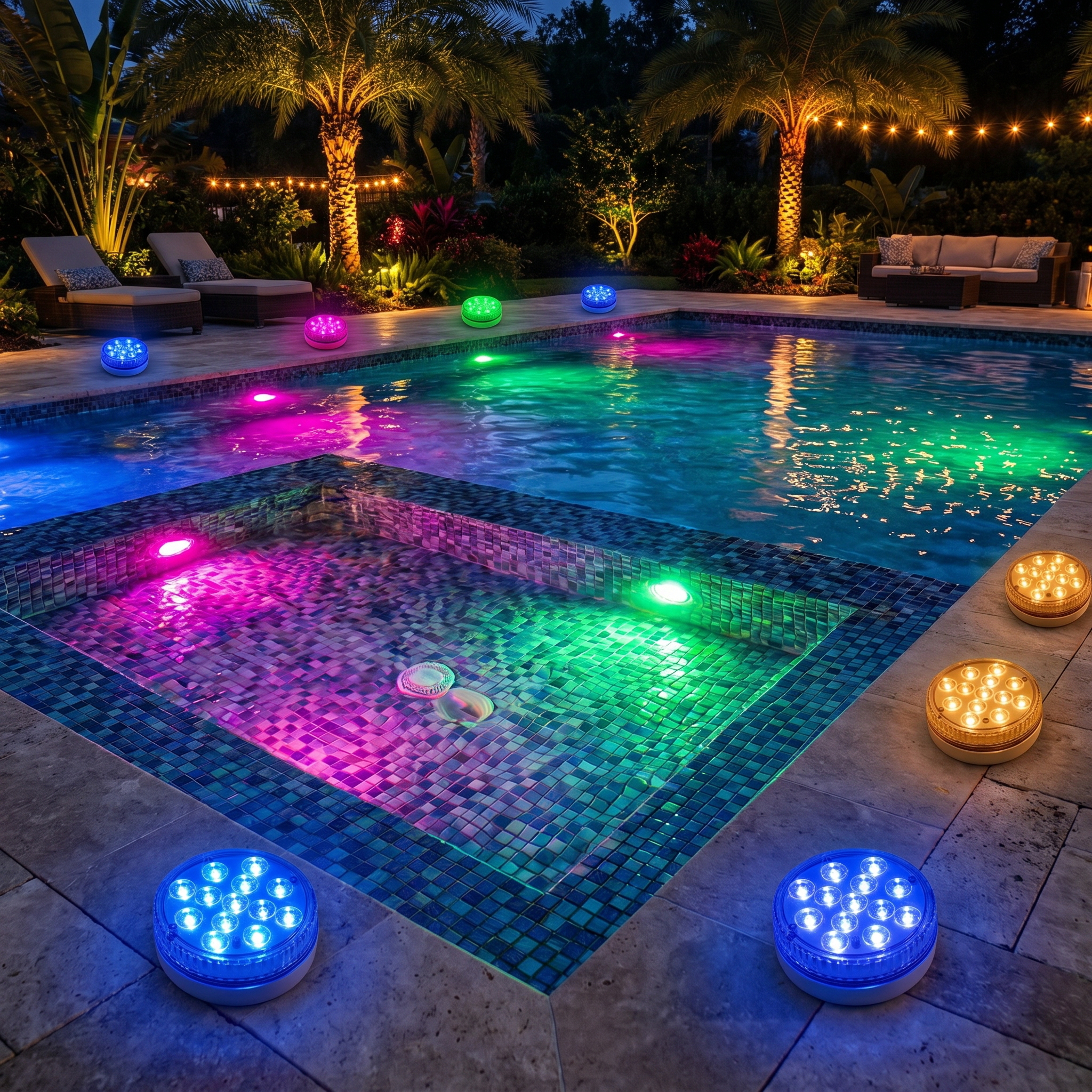 Several submersible RGB pool lights glowing different colours around a pool at night, party ambiance