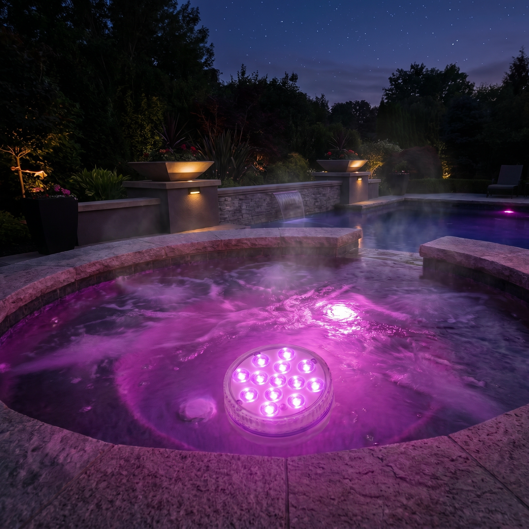 Submersible RGB pool light glowing magenta-purple in an outdoor hot tub spa at night