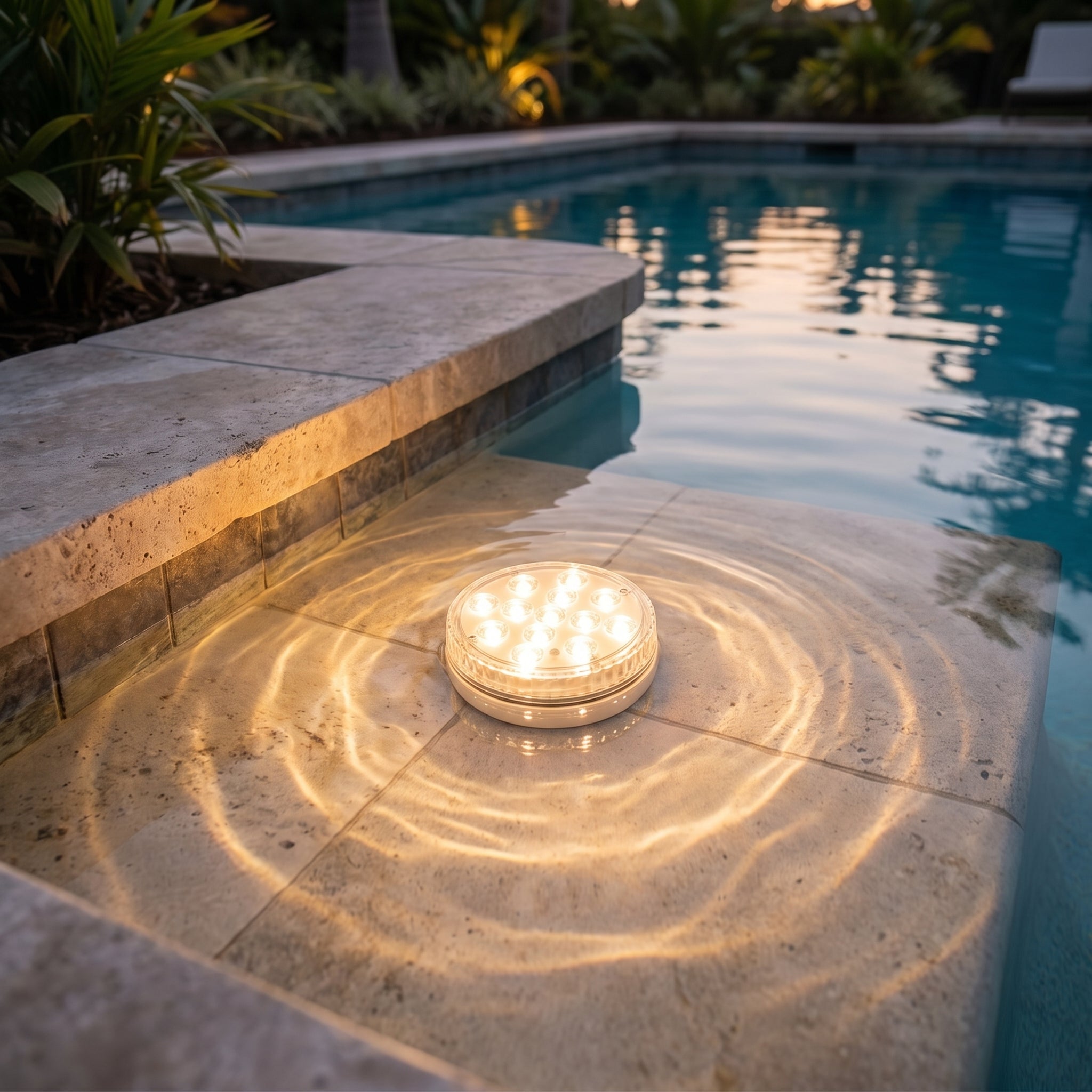 Submersible RGB pool light glowing warm white on a submerged pool step at dusk, casting rippling light