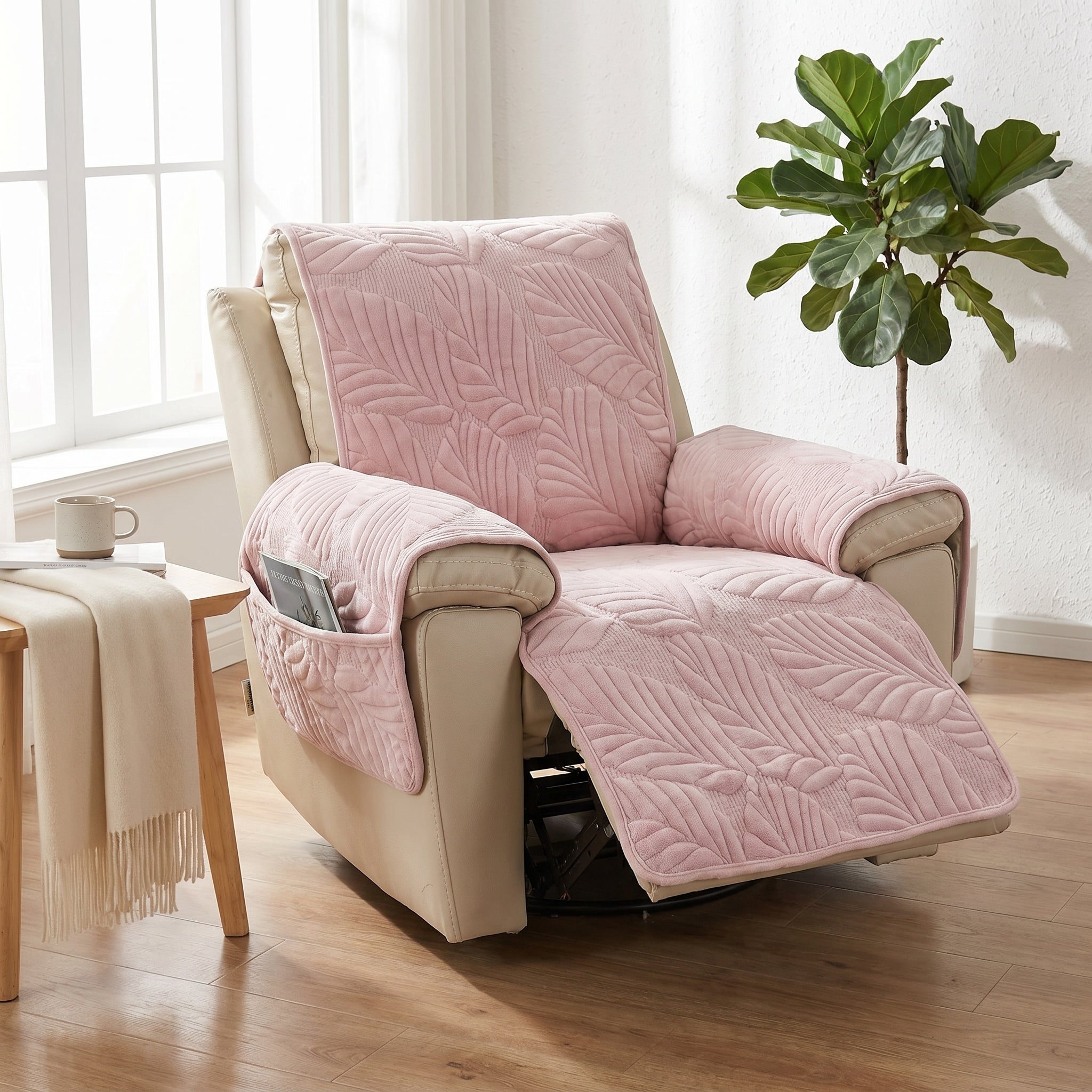 Soft pink quilted leaf-pattern recliner slipcover fitted on a recliner in a calm modern living room