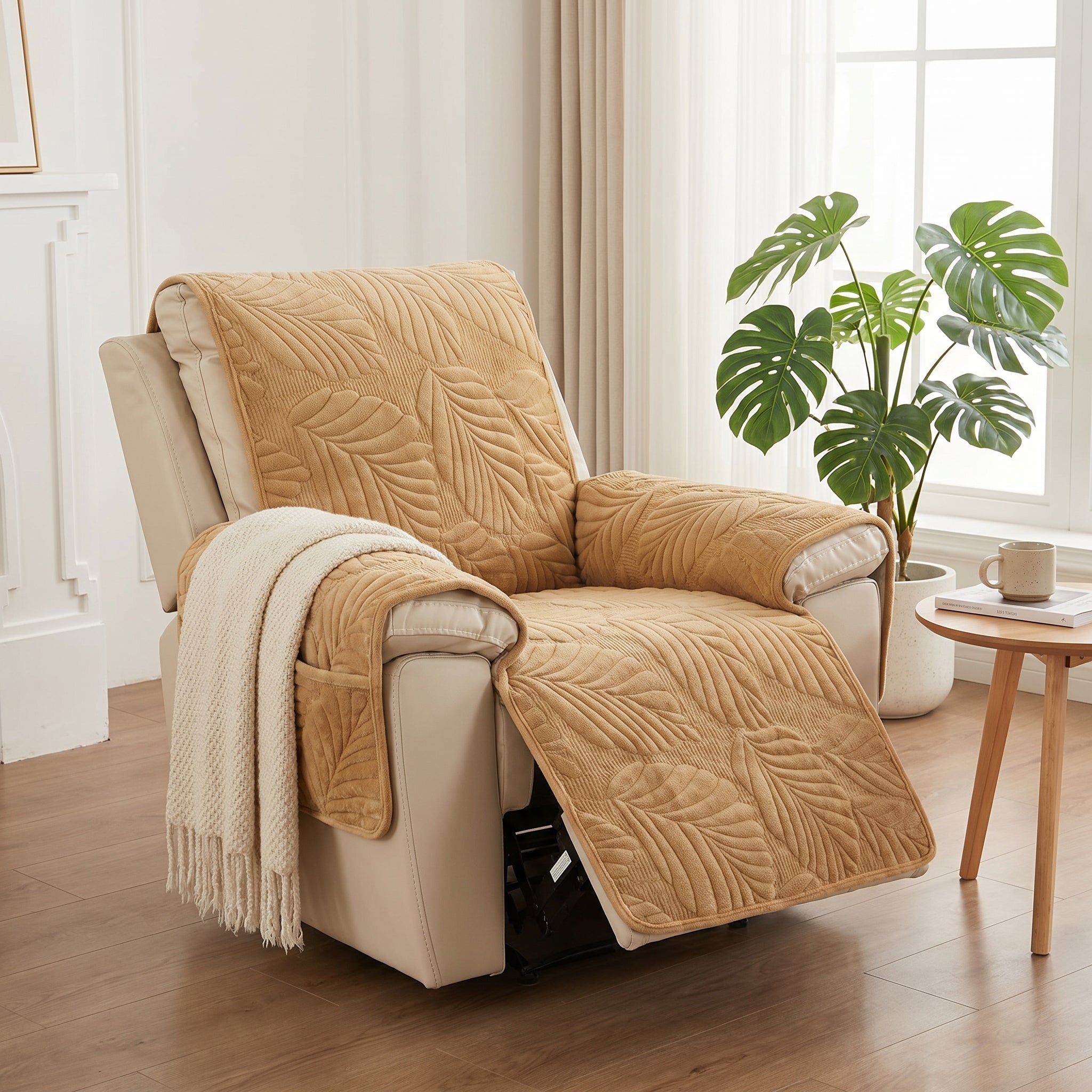 Khaki quilted leaf-pattern recliner slipcover fitted on a recliner in a calm modern living room