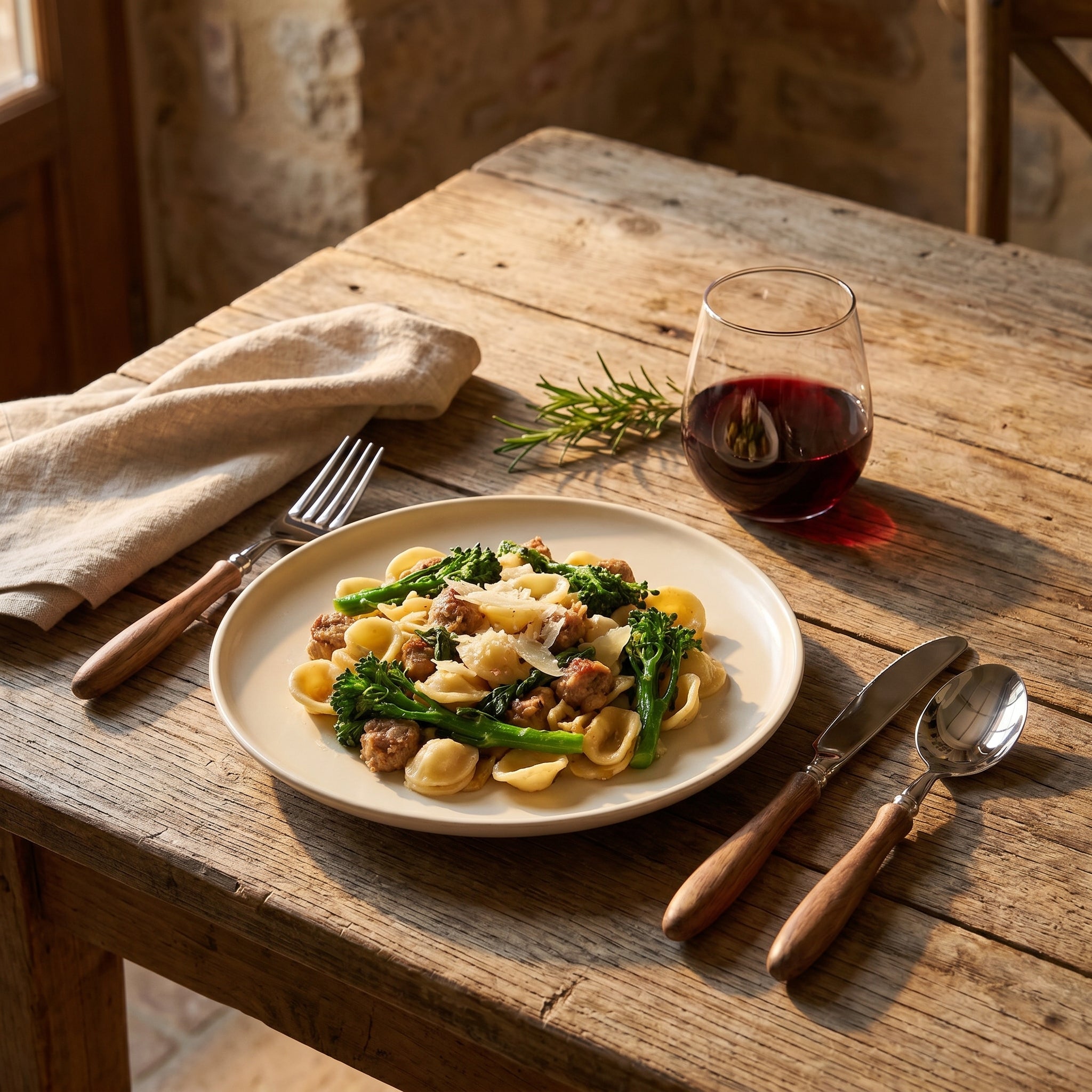 Bosco Rustico wood-handle flatware at a rustic farmhouse place setting with a plated pasta dish and red wine