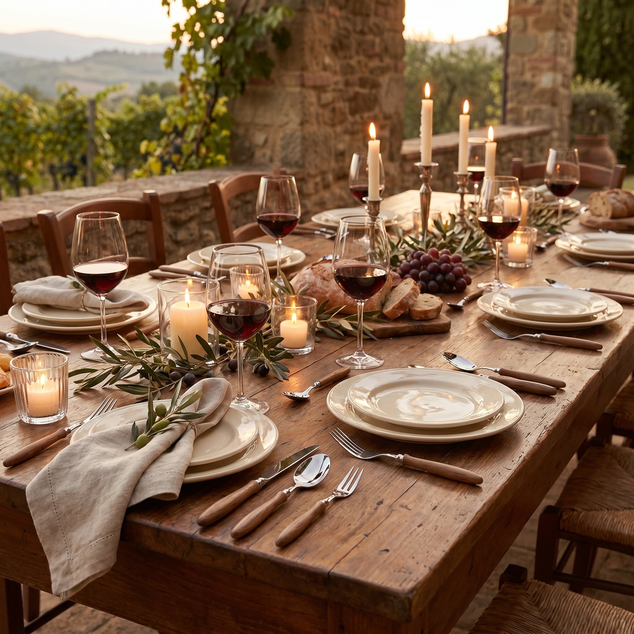 Festive Italian farmhouse table set with Bosco Rustico wood-handle flatware, candles and wine at sunset