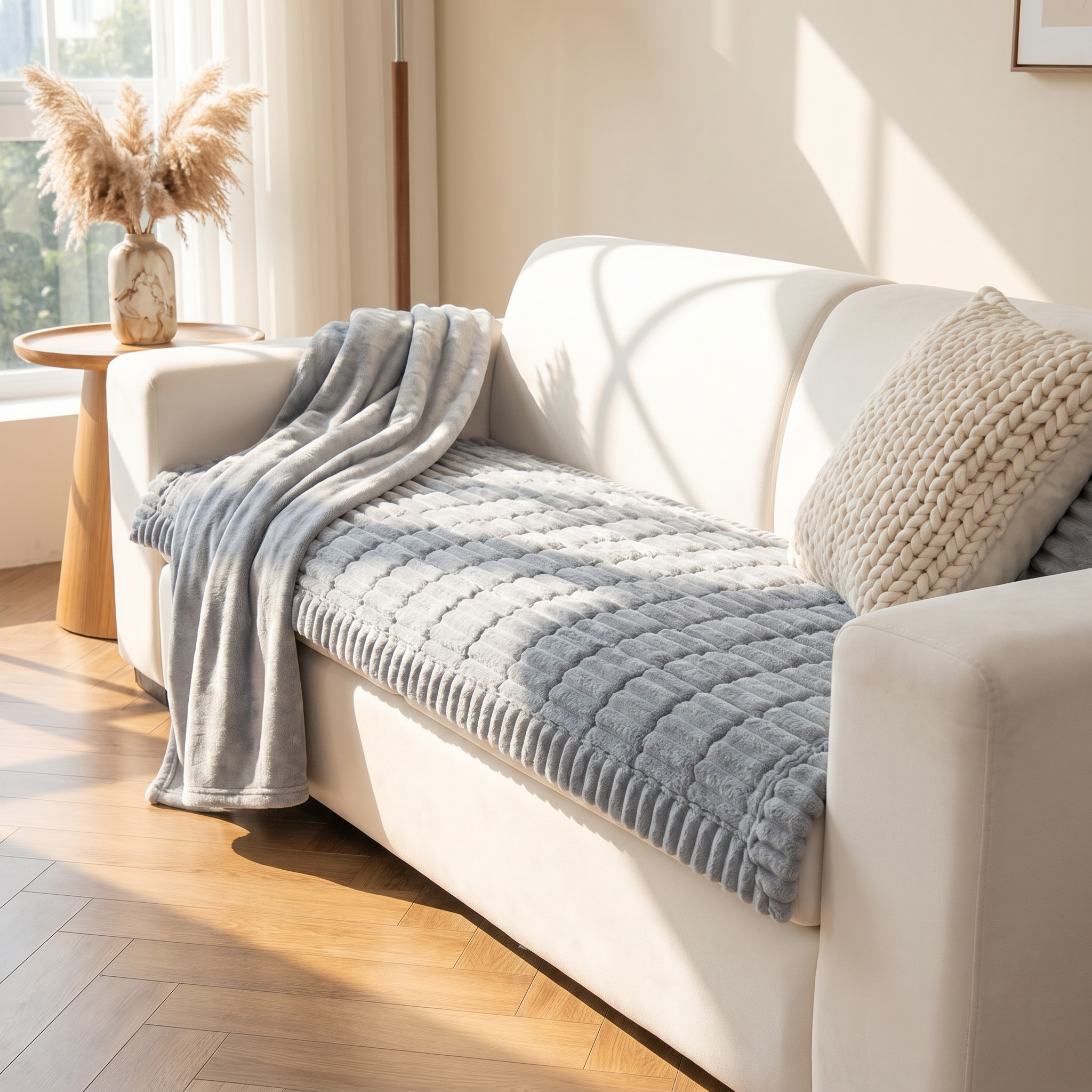 Cloud Gray pleated-edge quilted flannel sofa cover draped on a white sofa in a calm sunlit living room