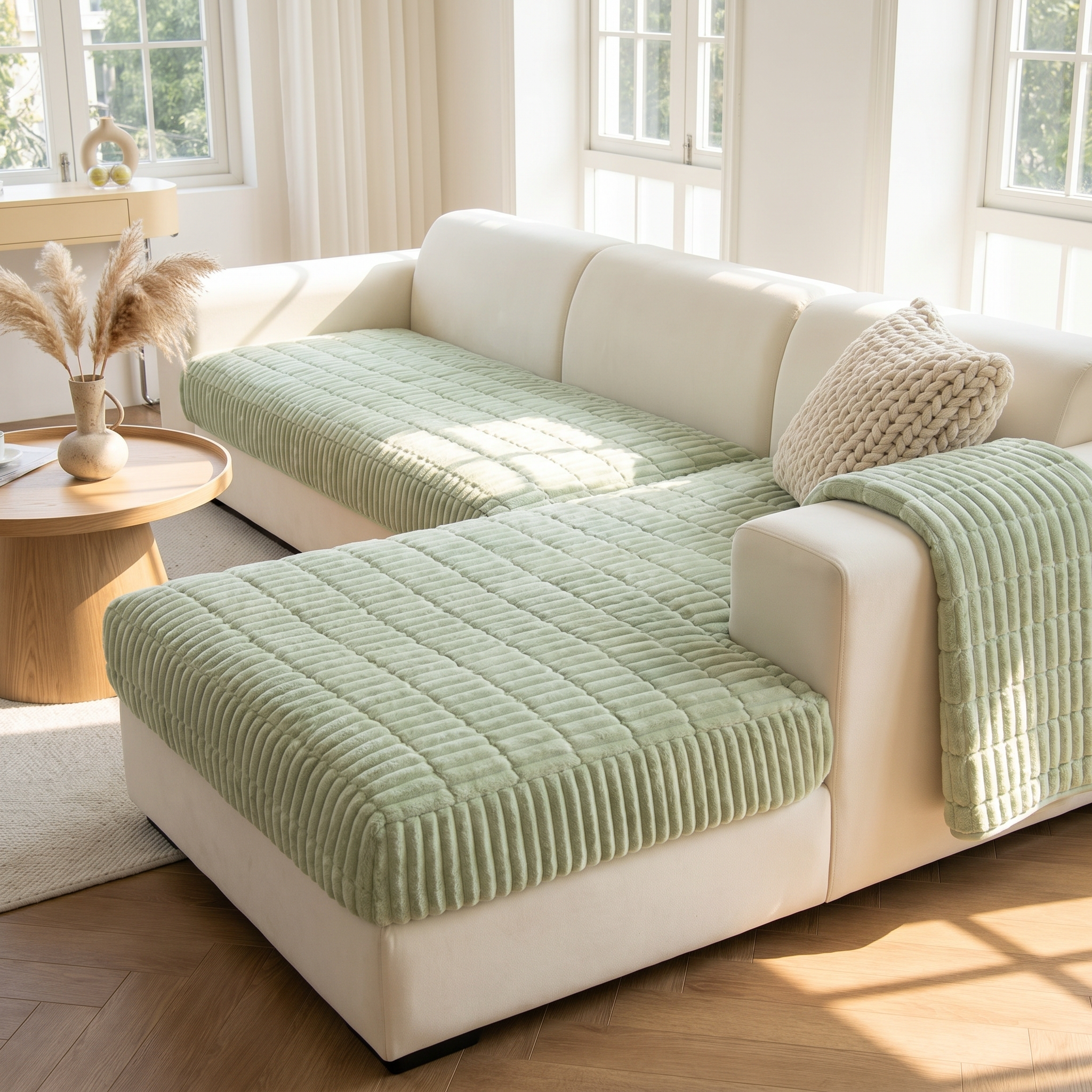 Sage green pleated-edge quilted flannel sofa cover draped on a white sofa in a calm sunlit living room