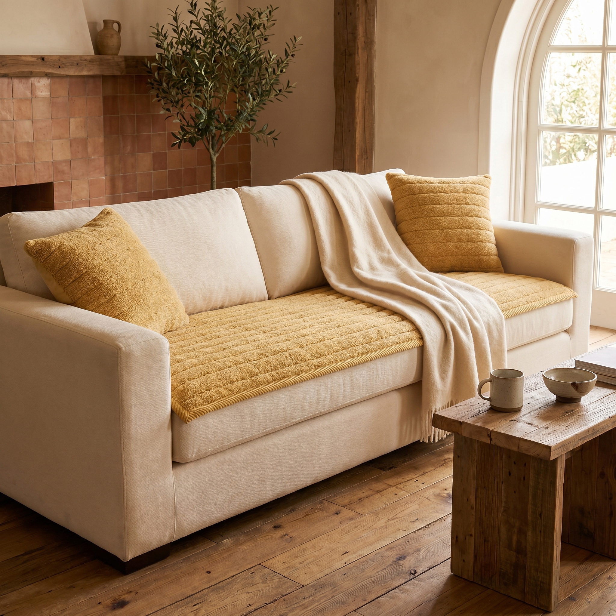 Nuvola Honey Gold plush quilted sofa cover in a warm cozy Italian-inspired living room