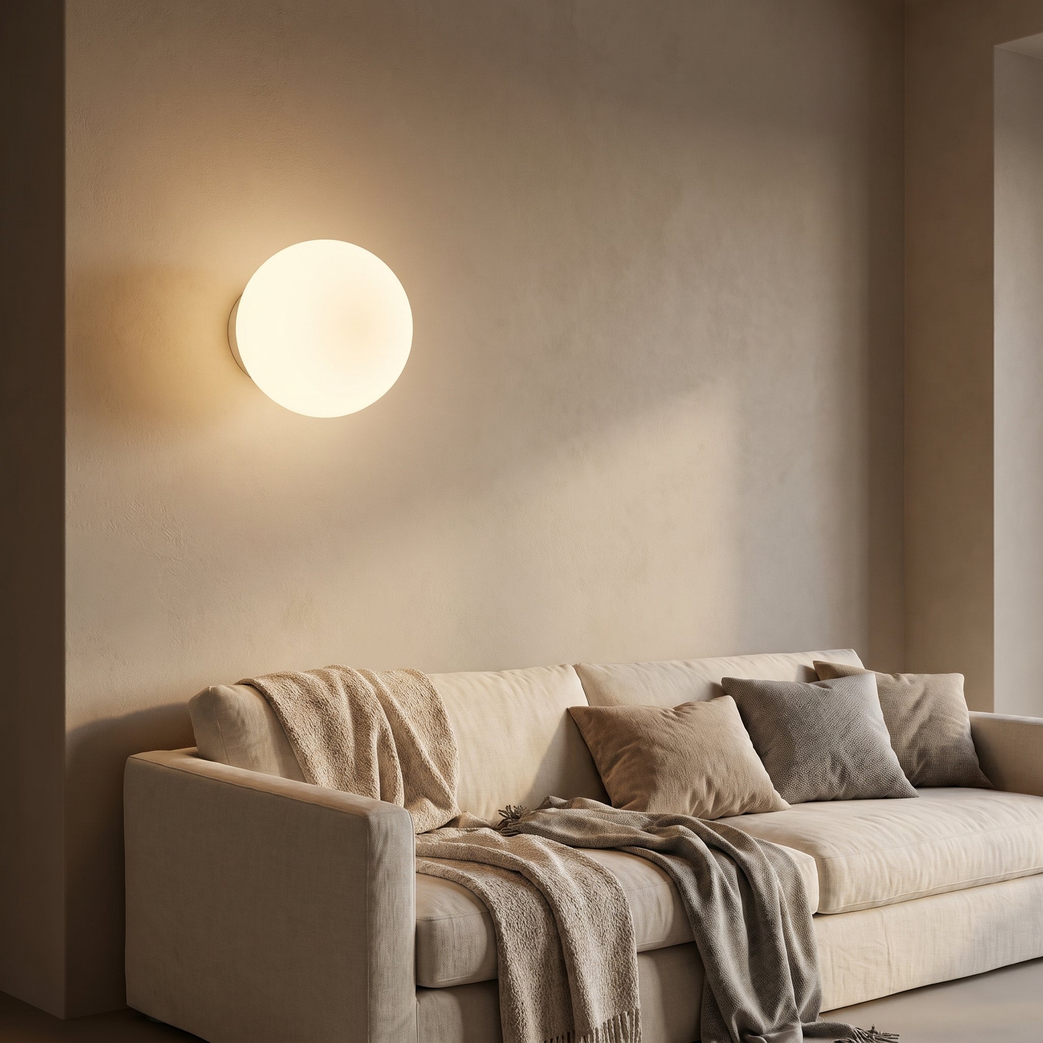 Glowing glass globe wall sconce above a linen sofa in a minimalist living room