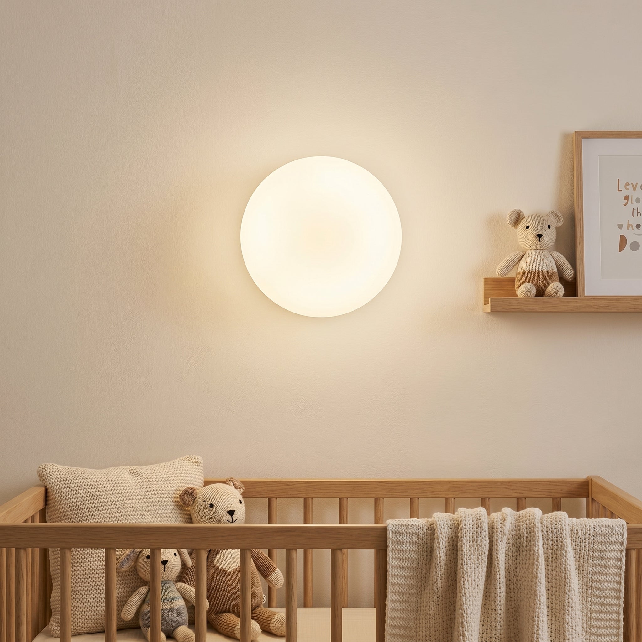 Soft glowing frosted glass wall light in a calm minimalist nursery