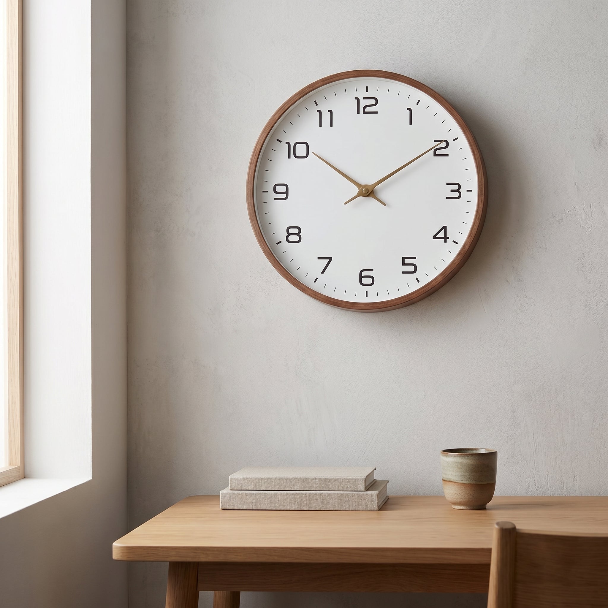 Brown Ora Serena wooden wall clock in a home office study