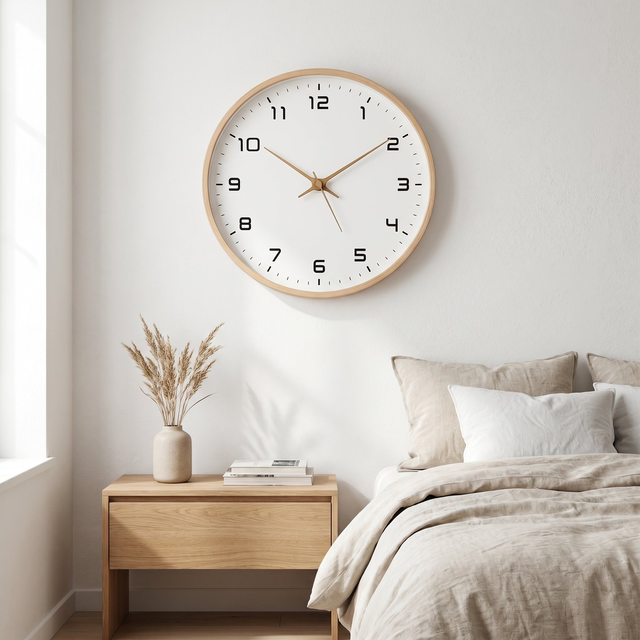 Light brown Ora Serena wooden wall clock in a serene bedroom