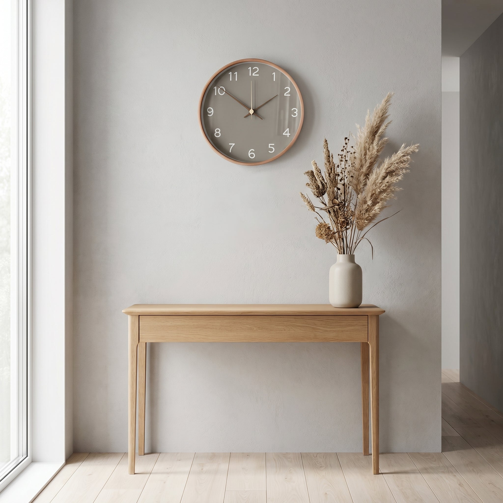 Gray dial Ora Serena wooden wall clock in a minimalist entryway
