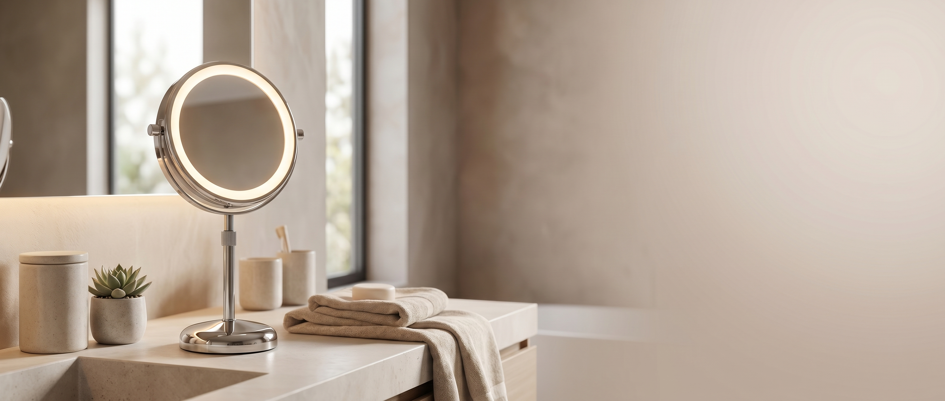 Aurora Serena LED makeup mirror in a calm, softly lit vanity setting