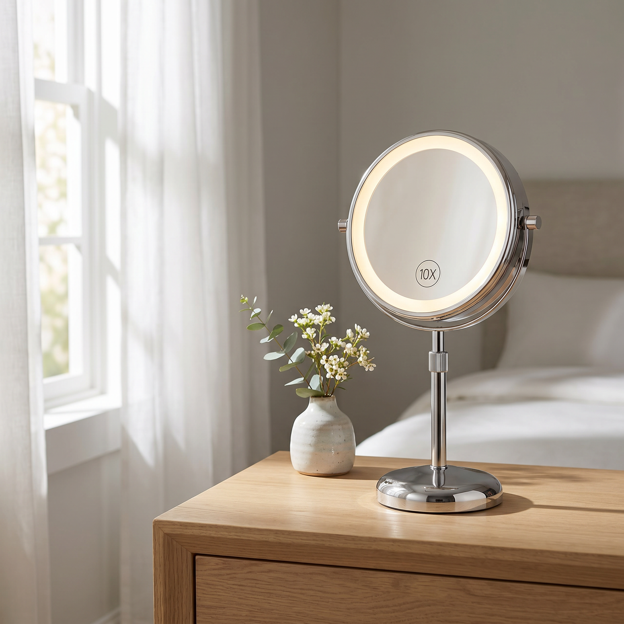 Silver Aurora Serena LED makeup mirror glowing on a bright bedroom dresser beside a window