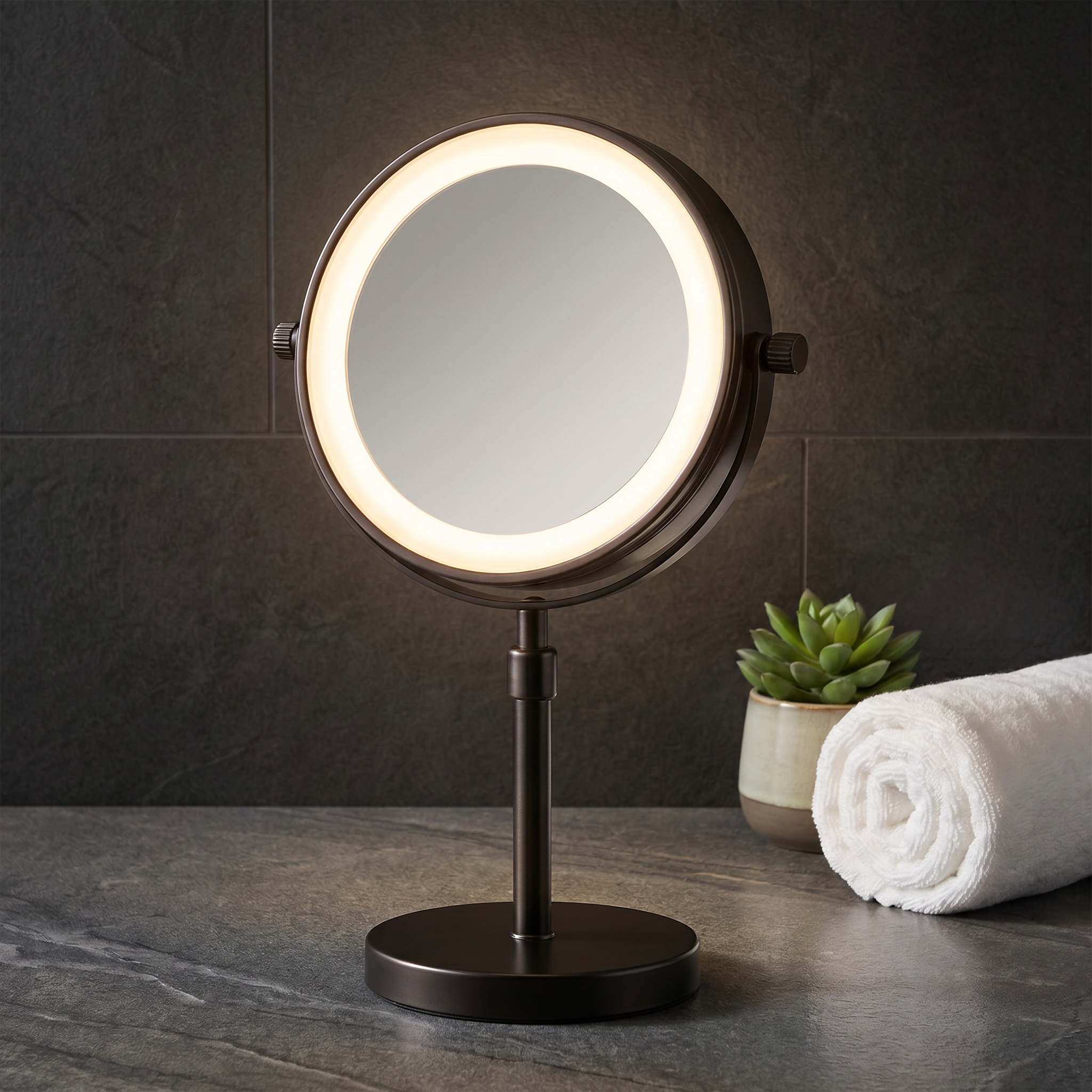 Black Aurora Serena LED makeup mirror glowing on a modern stone bathroom counter