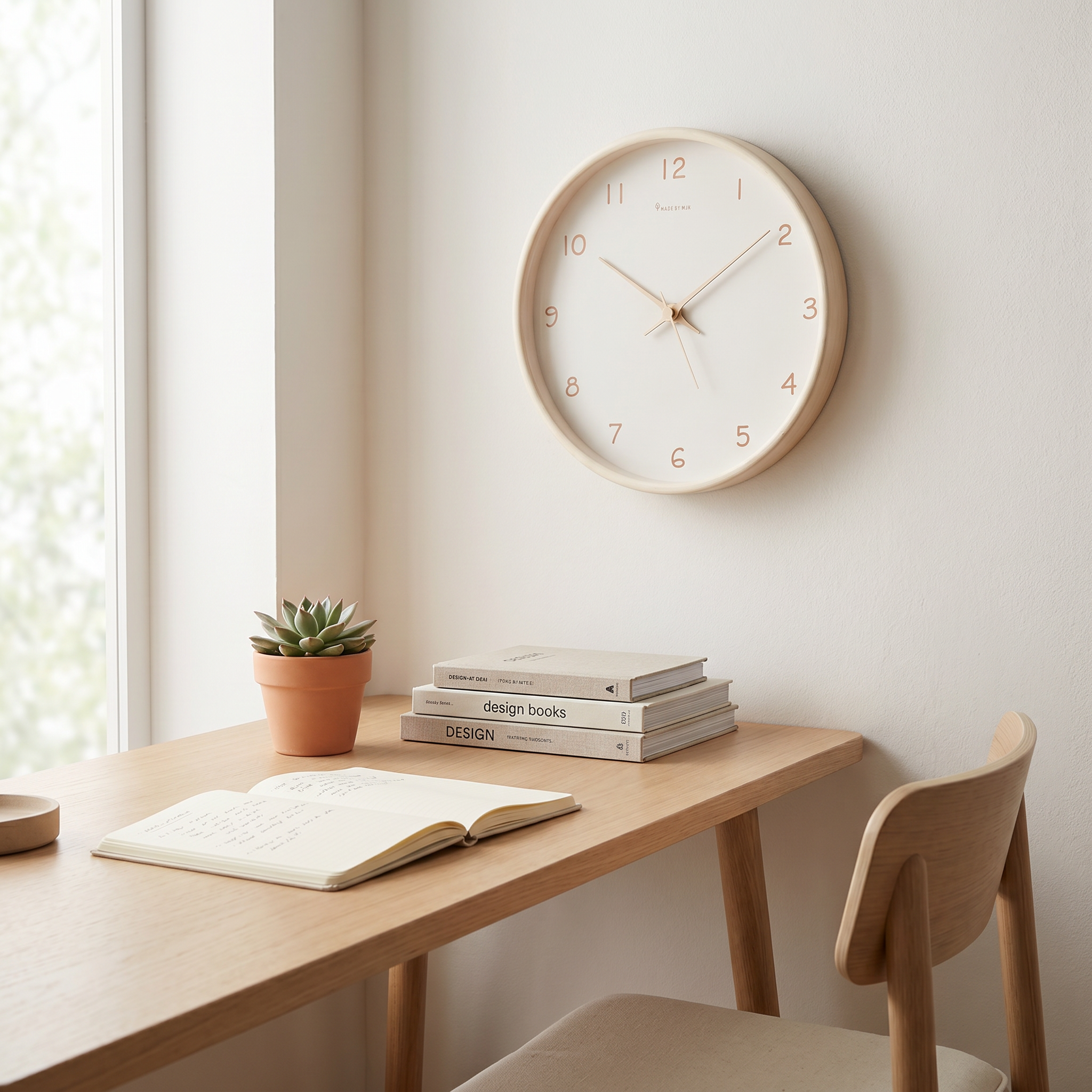 Cream silent wall clock above a wooden desk in a bright minimalist home office