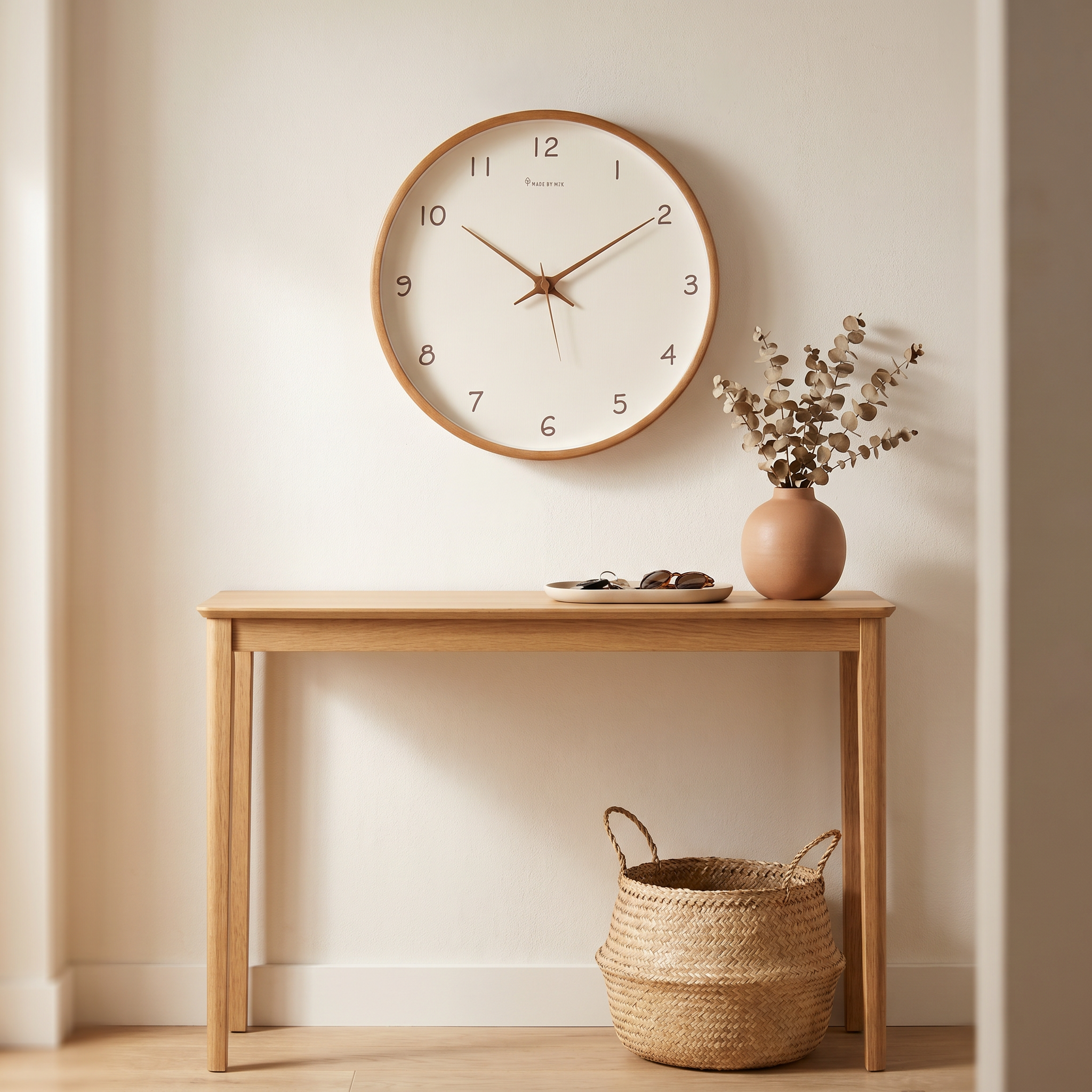 Brown walnut silent wall clock above an entryway console with eucalyptus