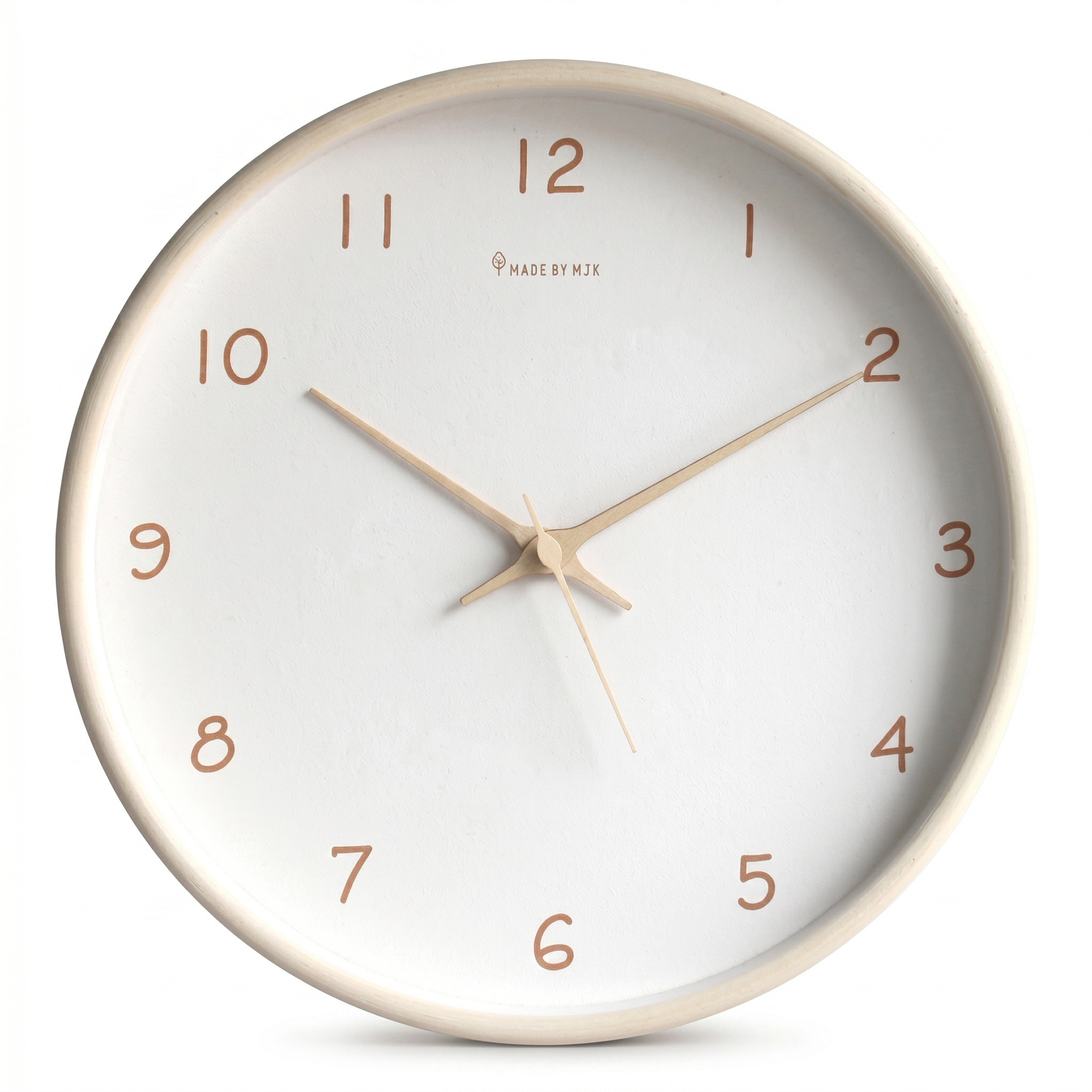 Cream wood-tone silent wall clock with copper numerals and hands, white background
