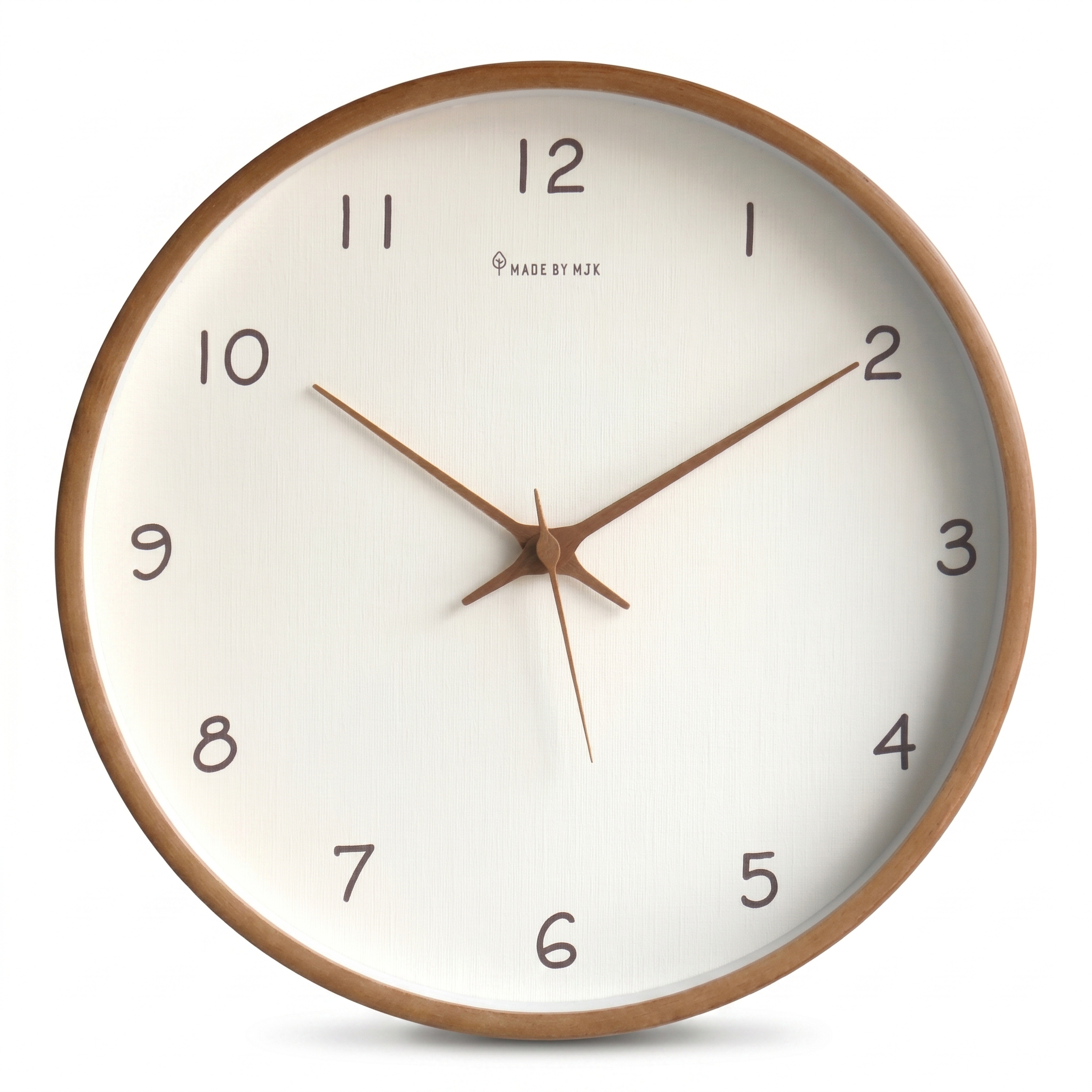 Brown walnut silent wall clock with charcoal numerals, white background