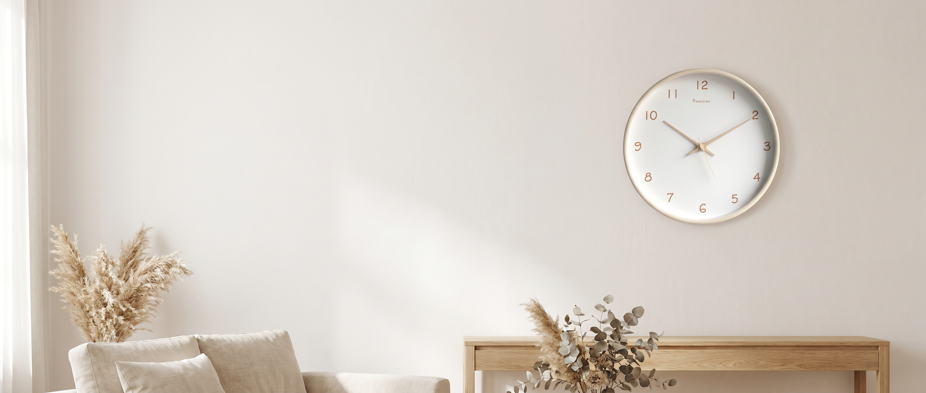 Tempo Naturale silent wall clock in a serene light-filled living space — Zanoro Casa