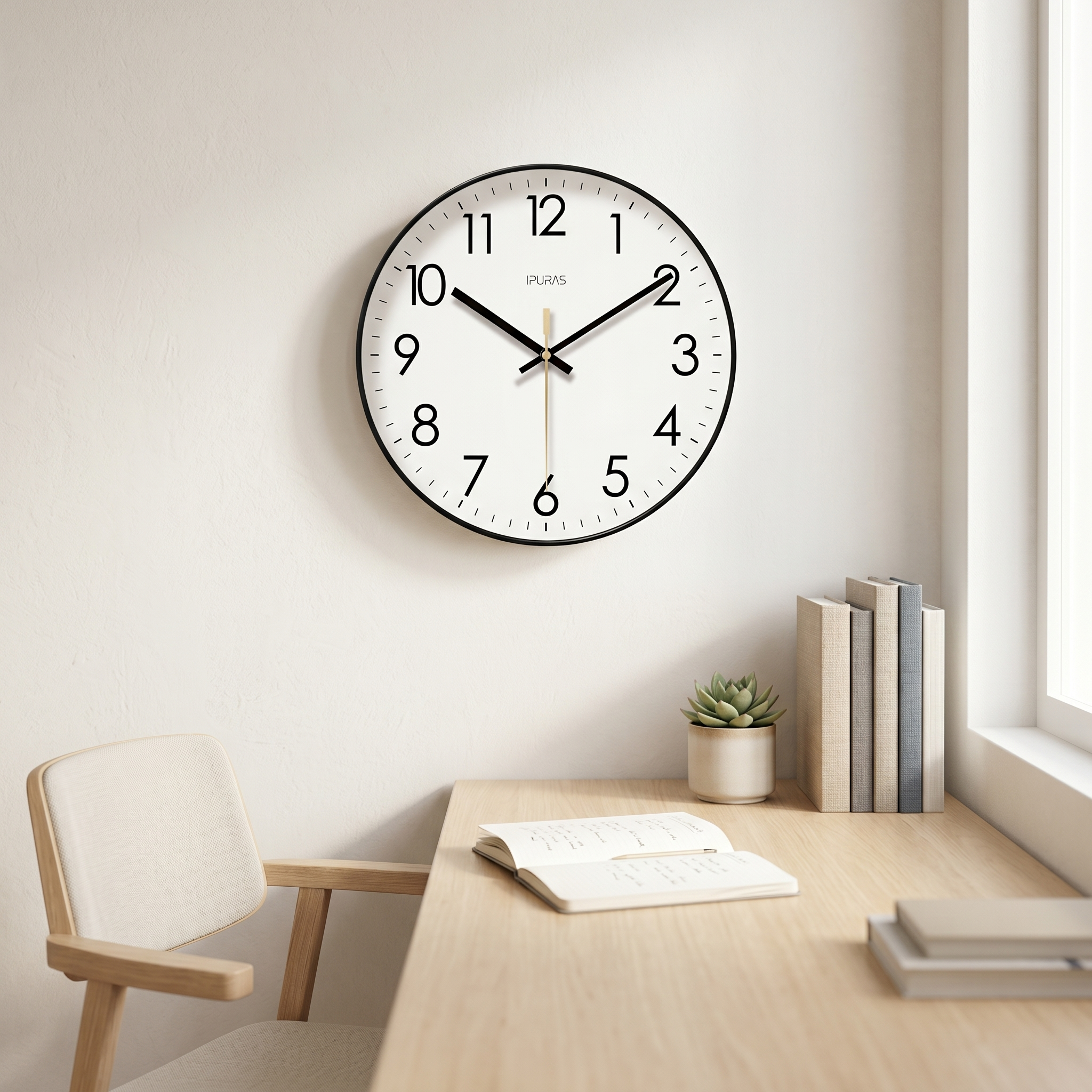Black Nordic wall clock above a desk in a bright minimalist home office