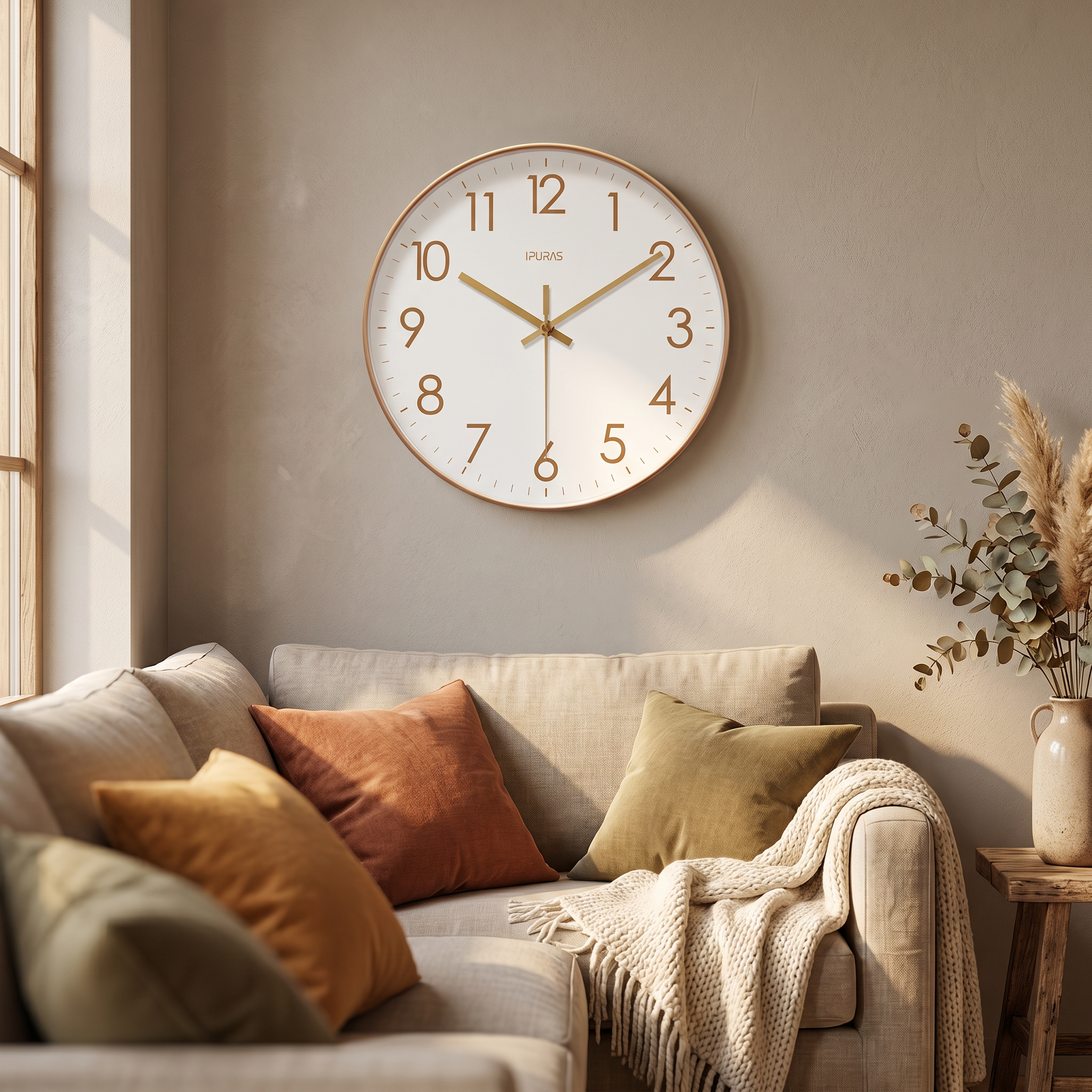 Gold Nordic wall clock above a cozy sofa in a warm living room