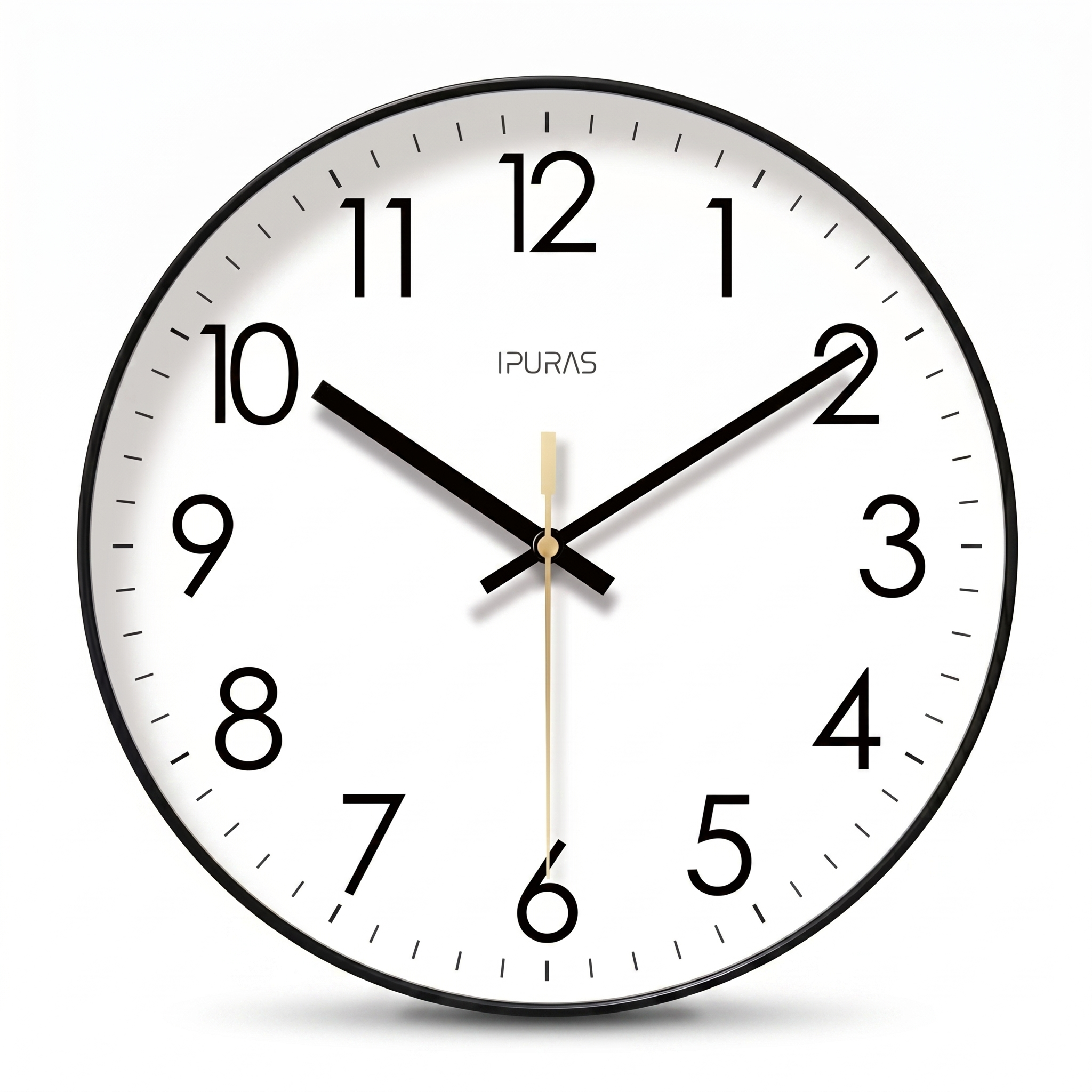 Black minimalist Nordic silent wall clock with white face, white background