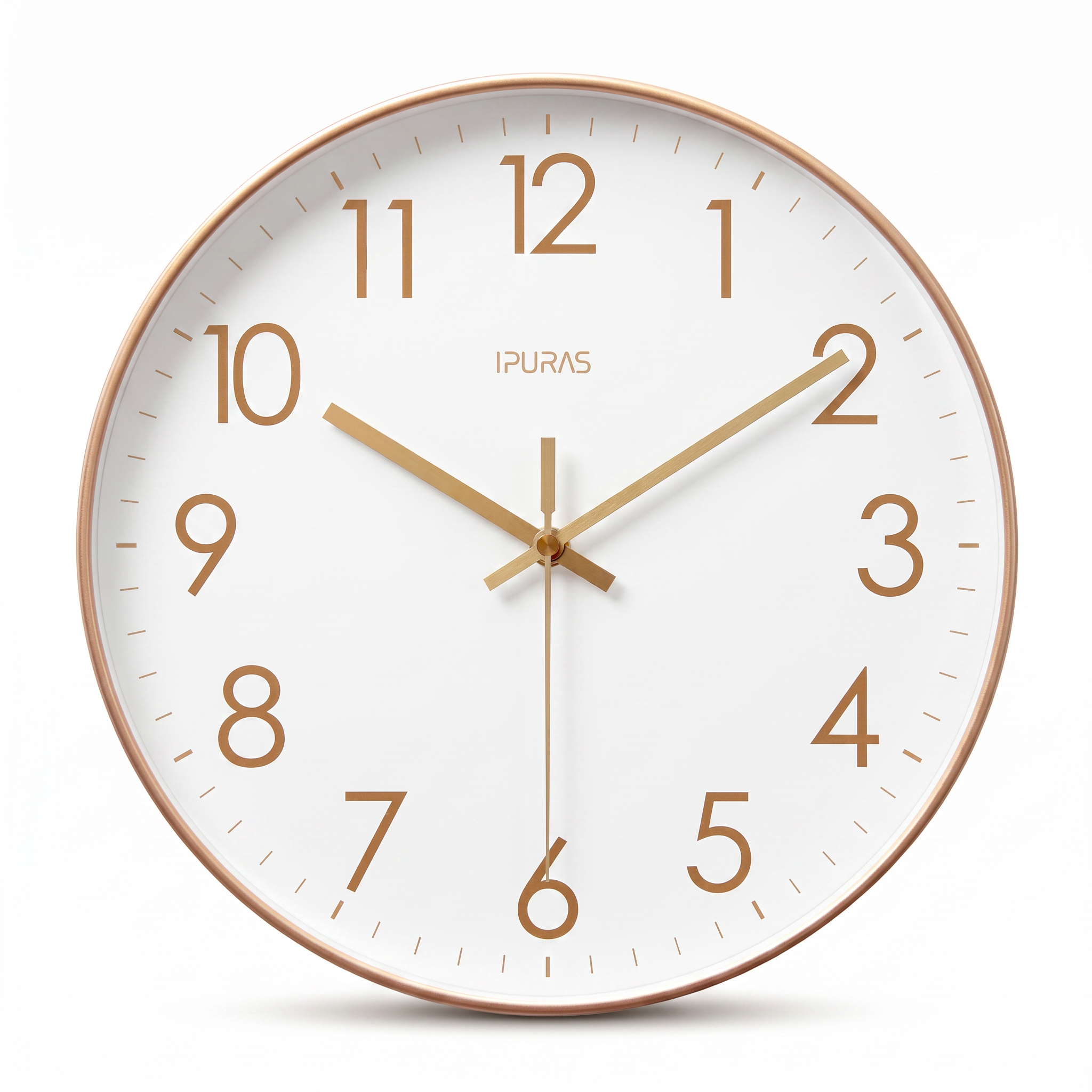 Gold minimalist Nordic silent wall clock with white face, white background