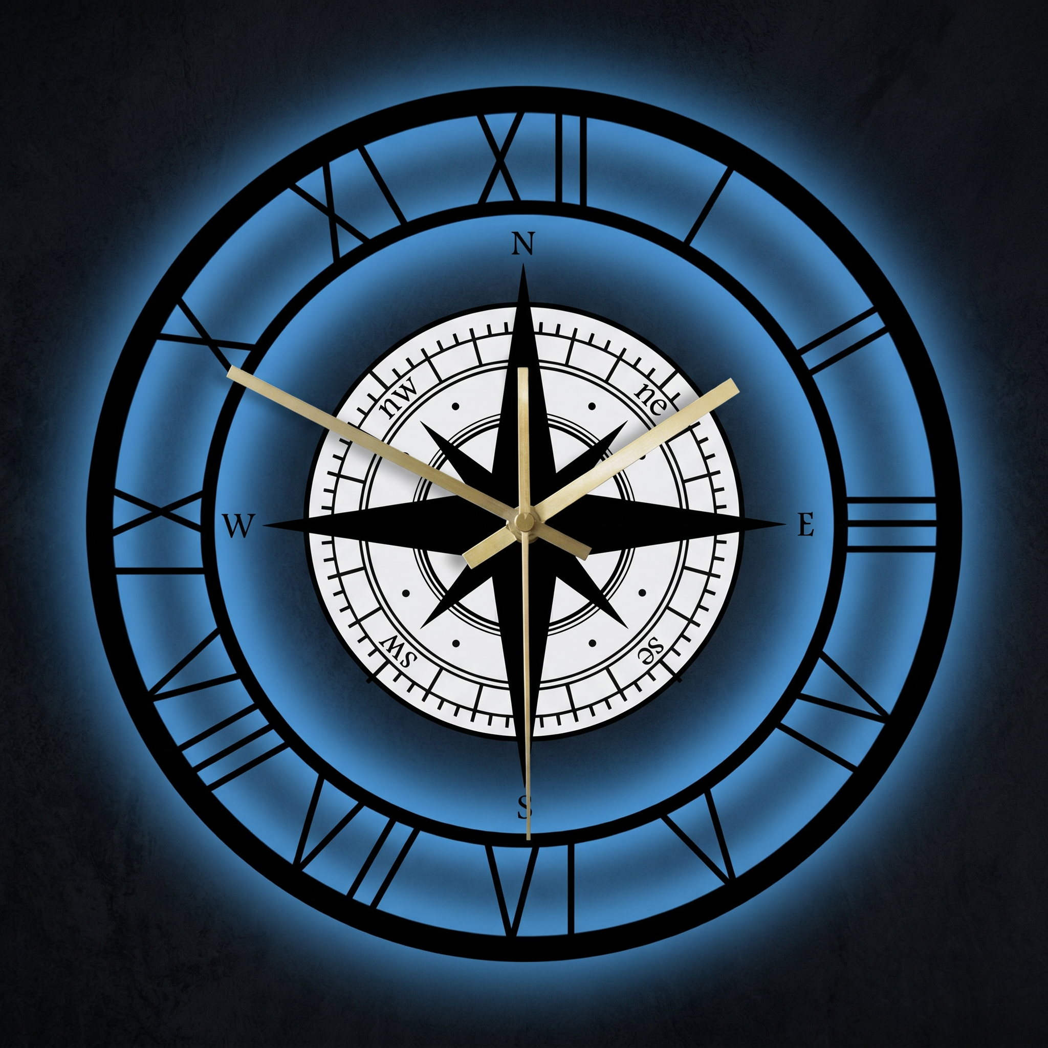 Nautical compass wall clock with 7-color LED ocean-blue backlight glow