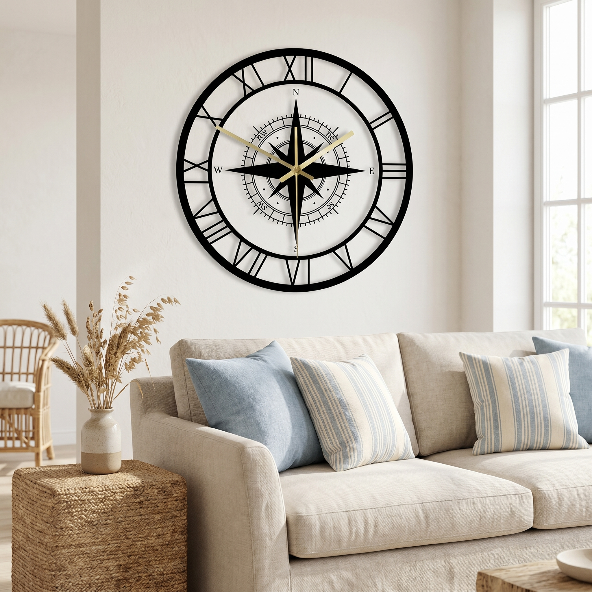 Nautical compass wall clock on a coastal living-room wall above a linen sofa