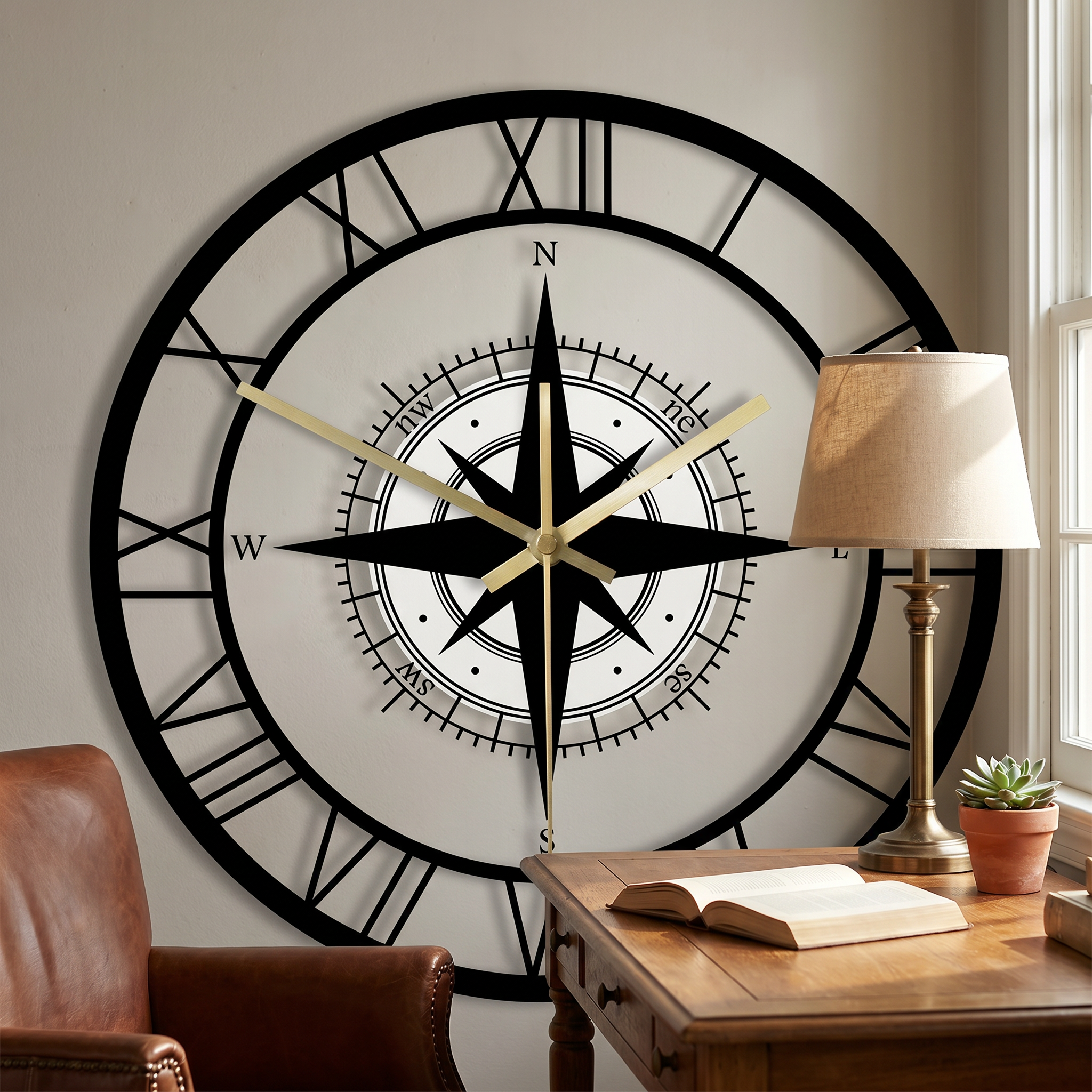 Nautical compass wall clock above a wooden writing desk in a refined study