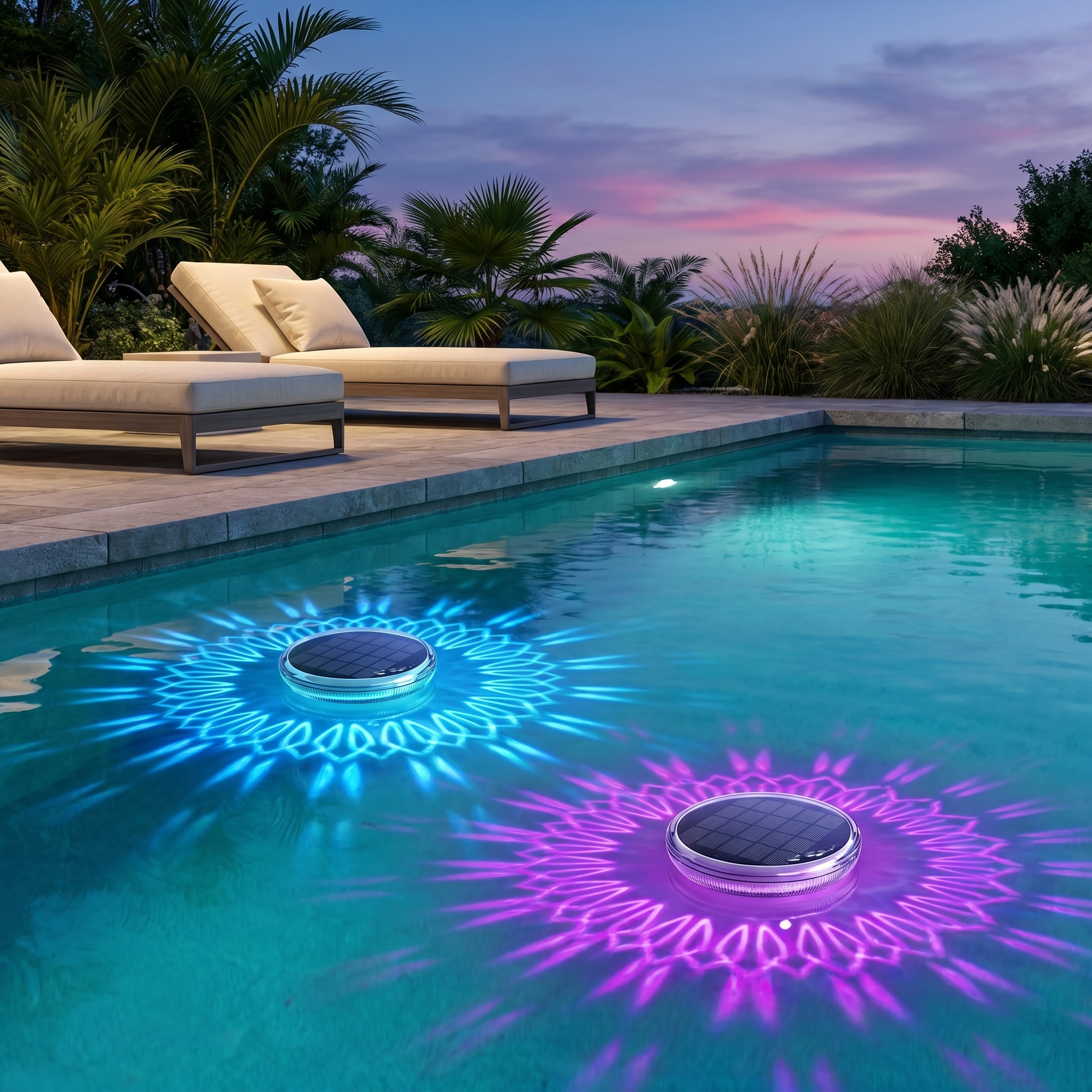 Two solar floating pool lights glowing blue and purple in a turquoise pool at dusk