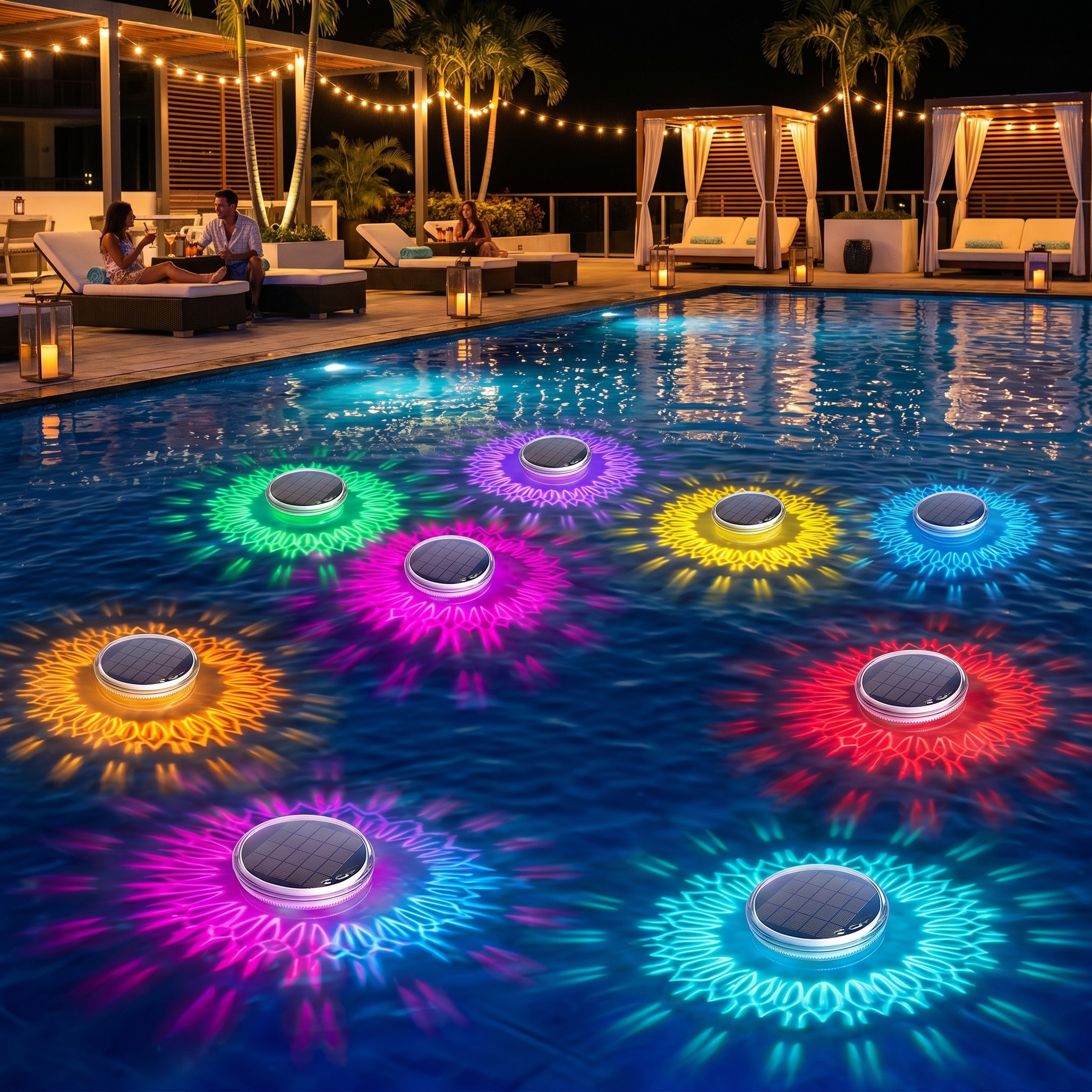 Eight solar floating pool lights glowing in many colours across a pool at night