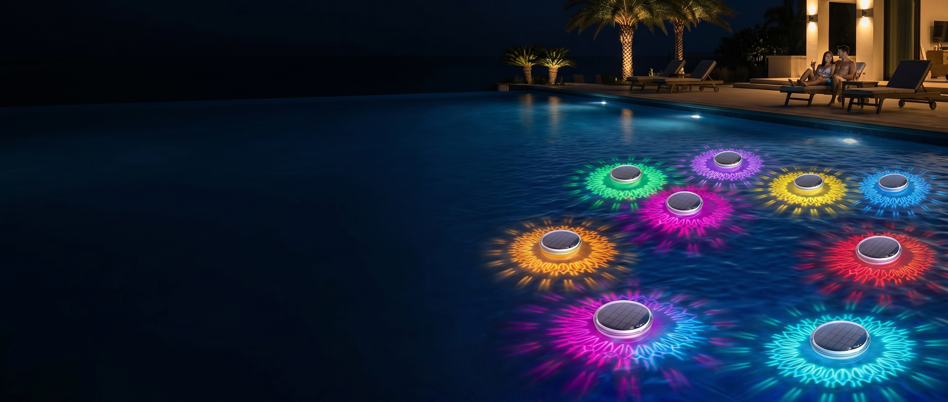 Laguna Lucente solar floating pool lights glowing in many colours across a pool at night — Zanoro Casa