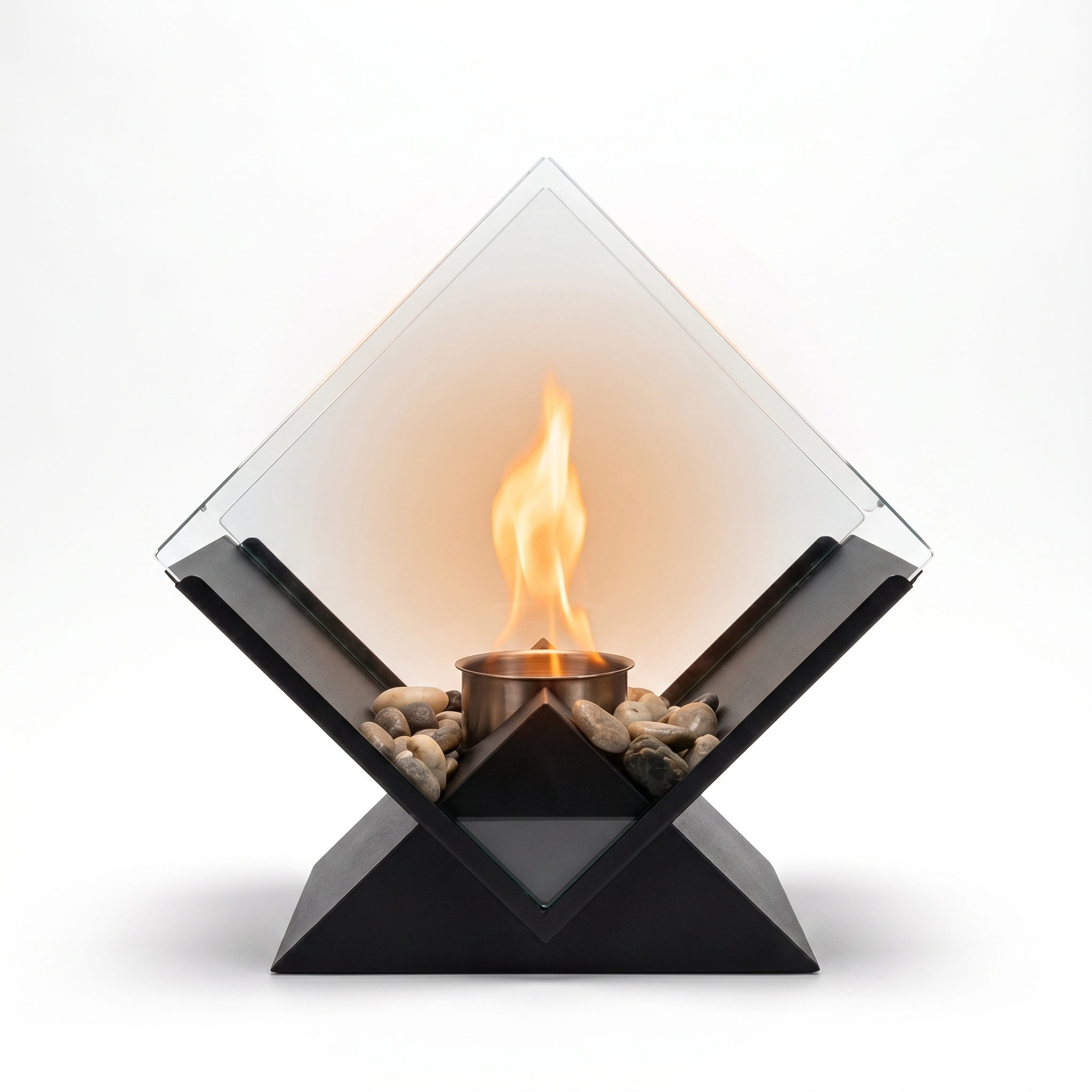 Fiamma Nordica smokeless glass tabletop fire pit with warm flame, white background