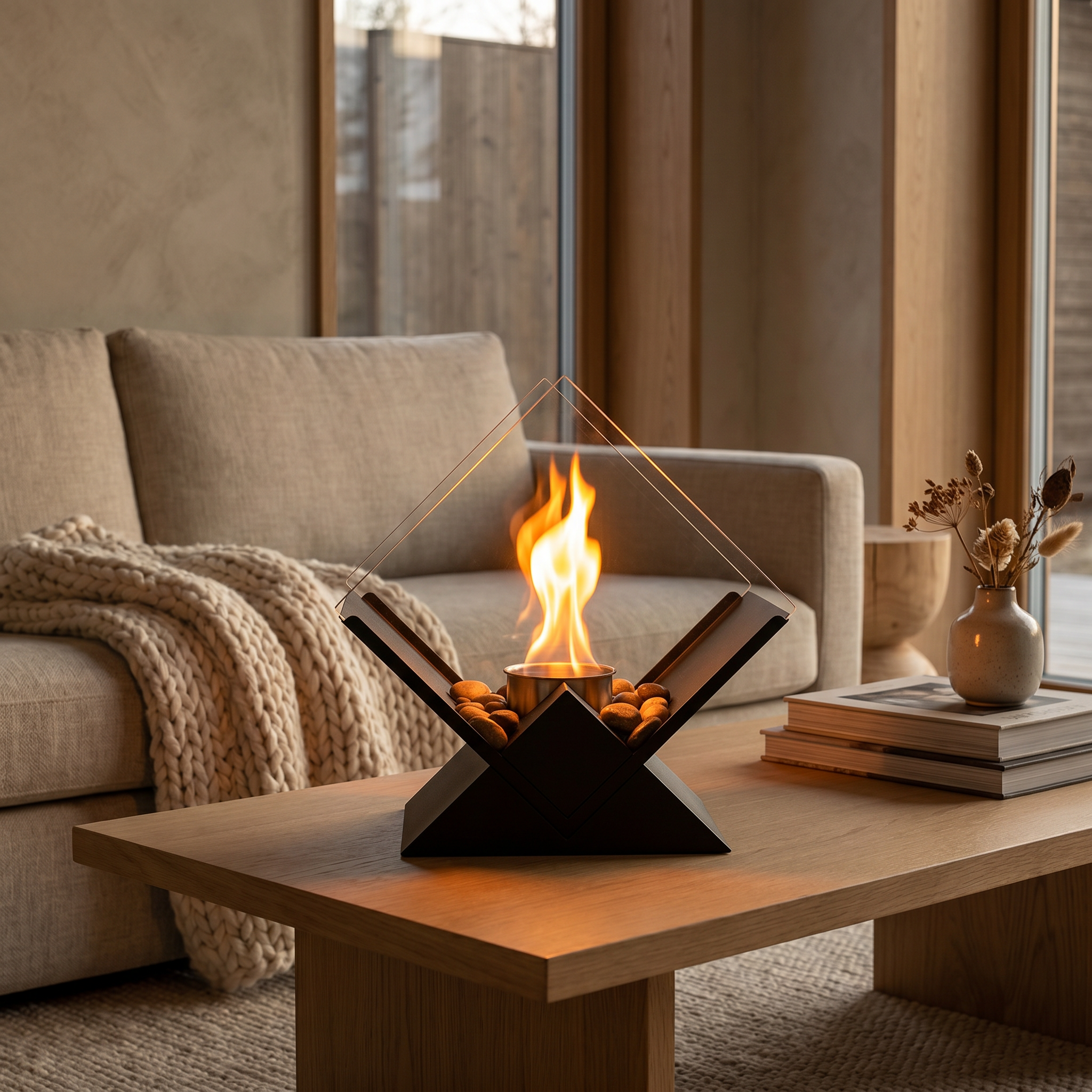 Glass tabletop fire pit lit on a coffee table in a cosy Nordic living room