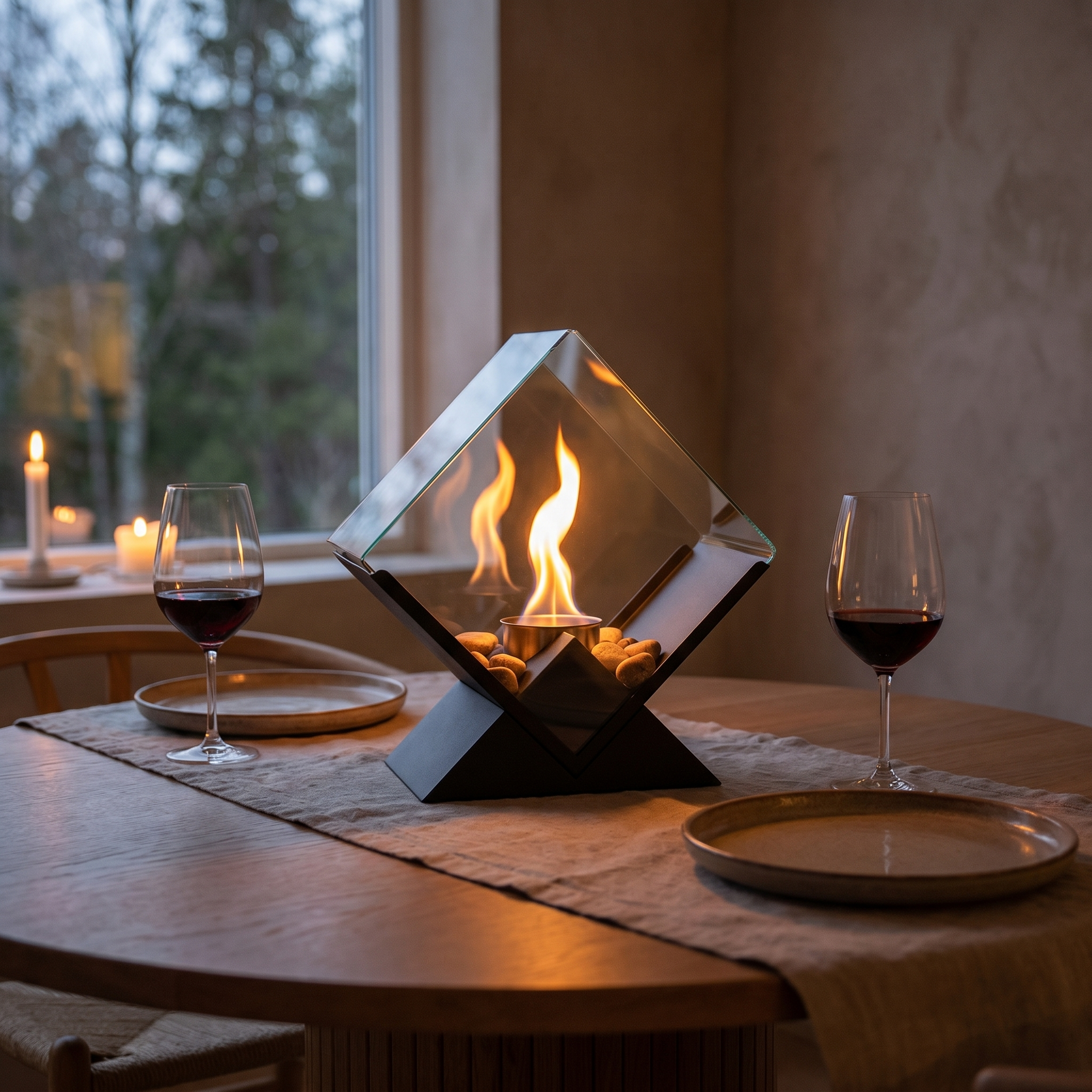 Glass tabletop fire pit as a dinner-table centrepiece with a warm flame at dusk