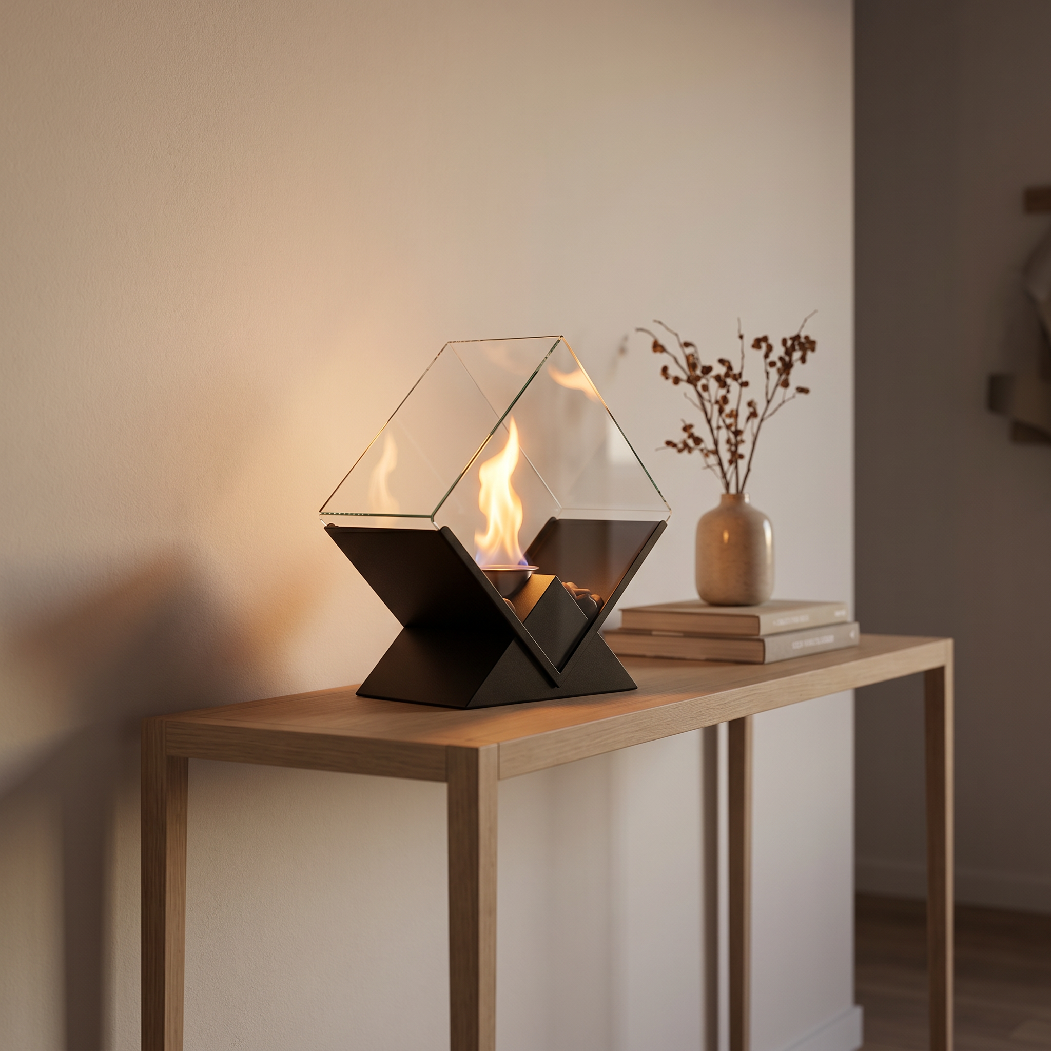Glass tabletop fire pit styled on a console table in a Nordic entryway