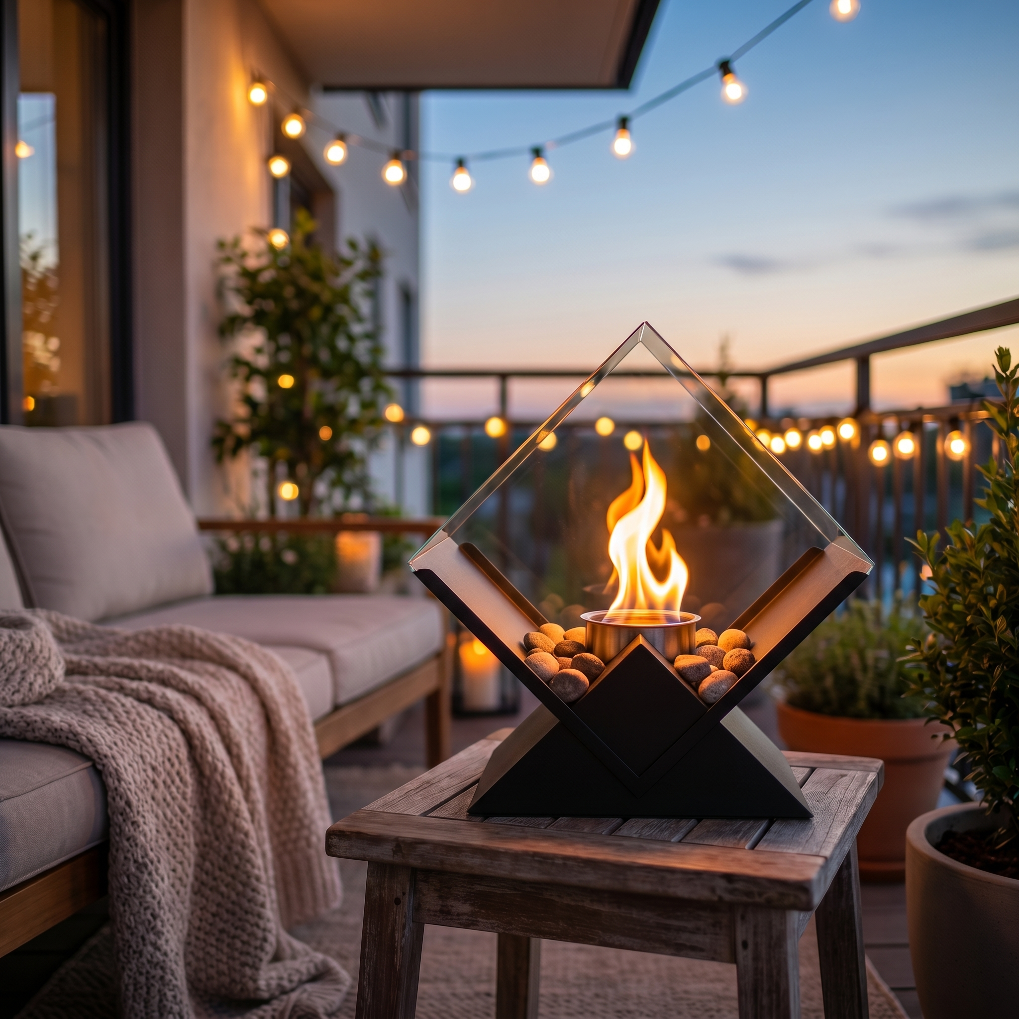 Glass tabletop fire pit lit on a balcony patio at dusk with string lights