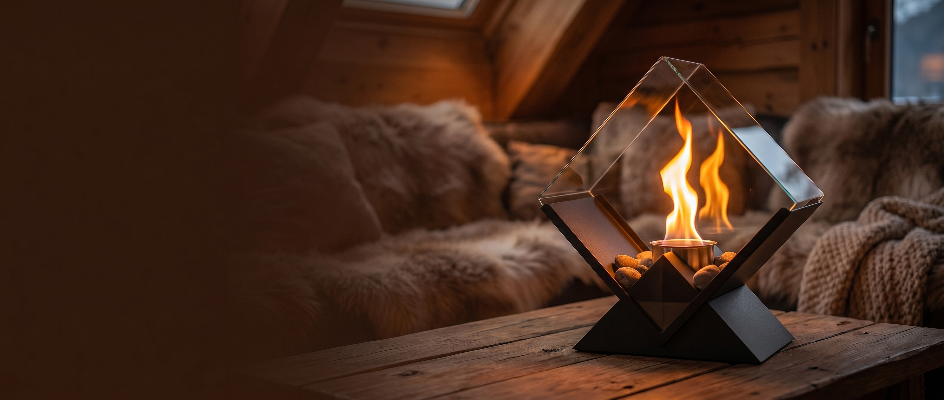 Fiamma Nordica glass tabletop fire pit glowing in a cosy Nordic interior at dusk — Zanoro Casa
