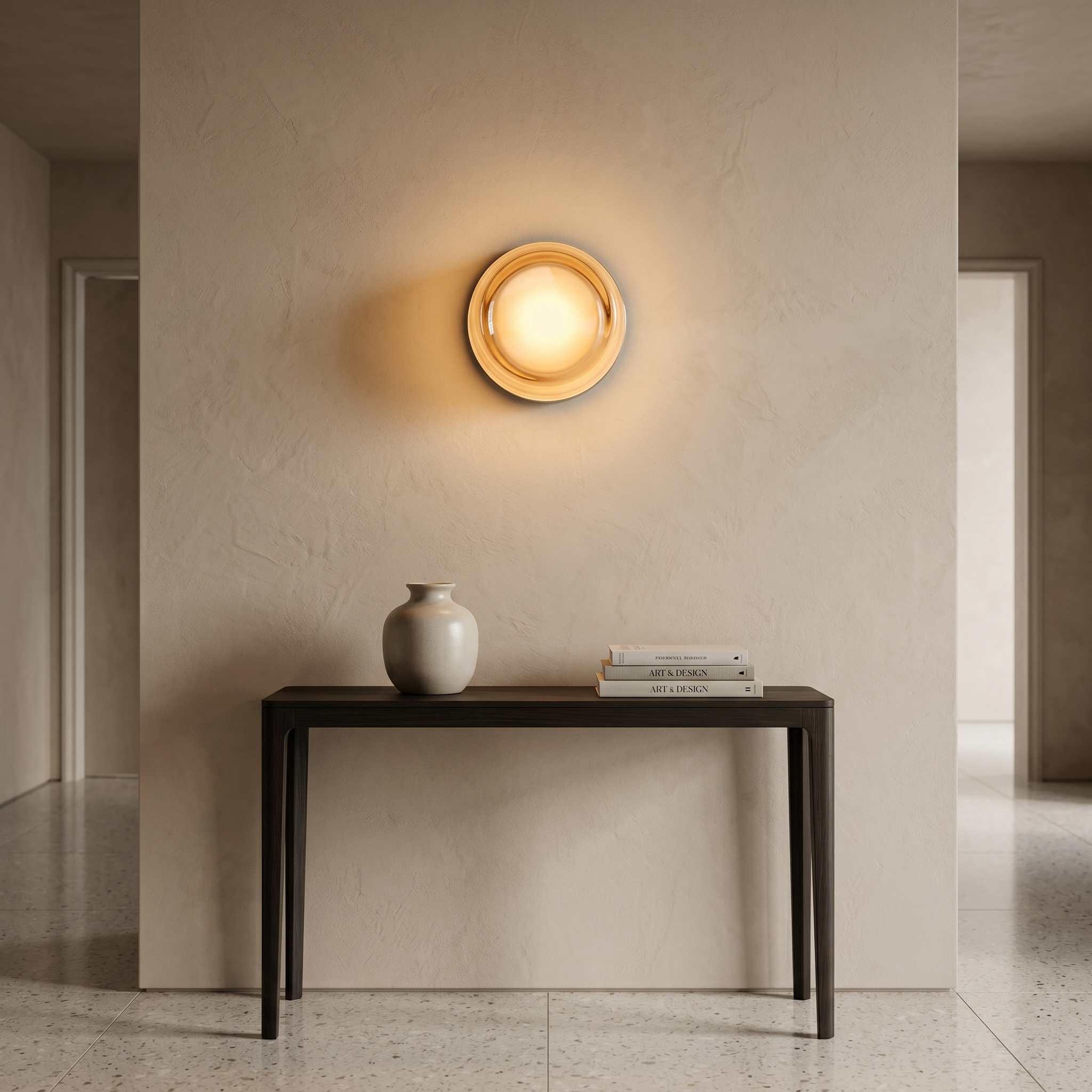 Amber frosted glass wall sconce on a hallway wall above a console table