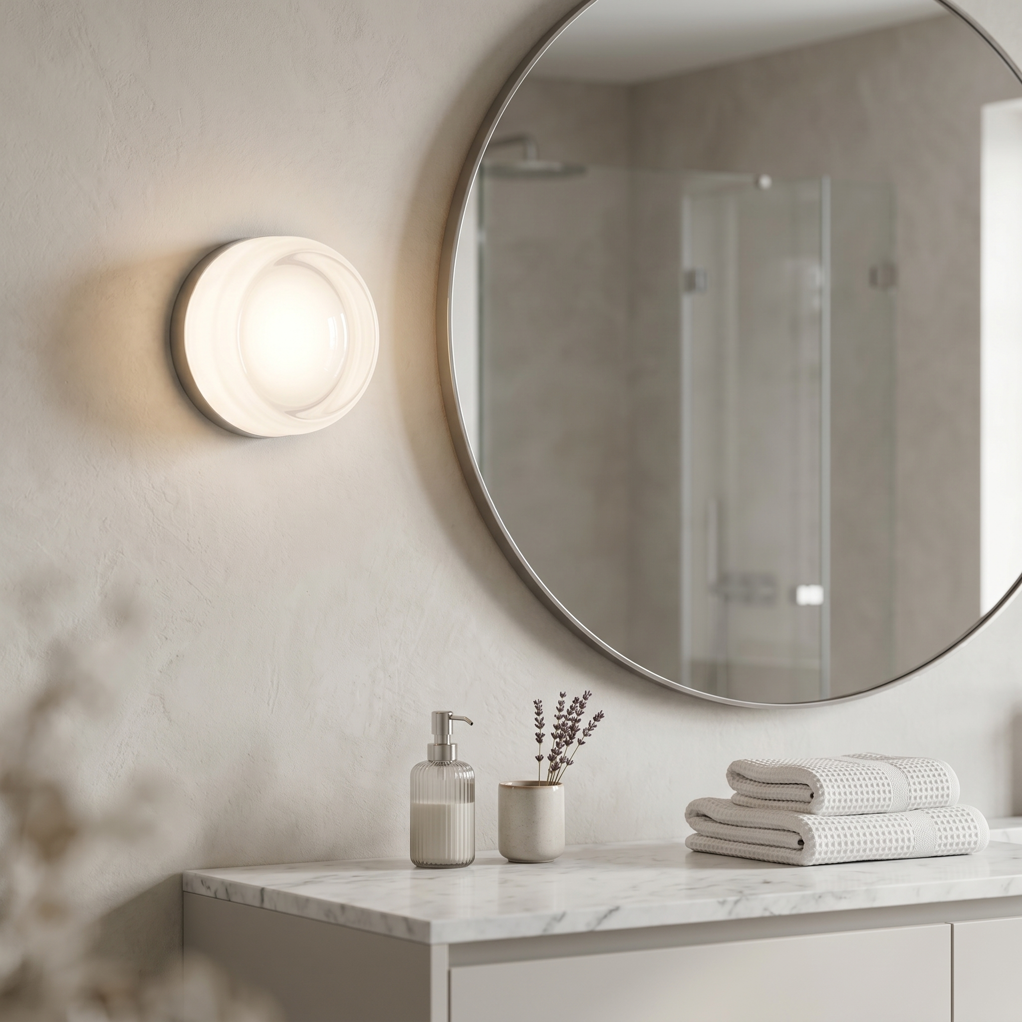 White frosted glass wall sconce beside a modern bathroom vanity mirror