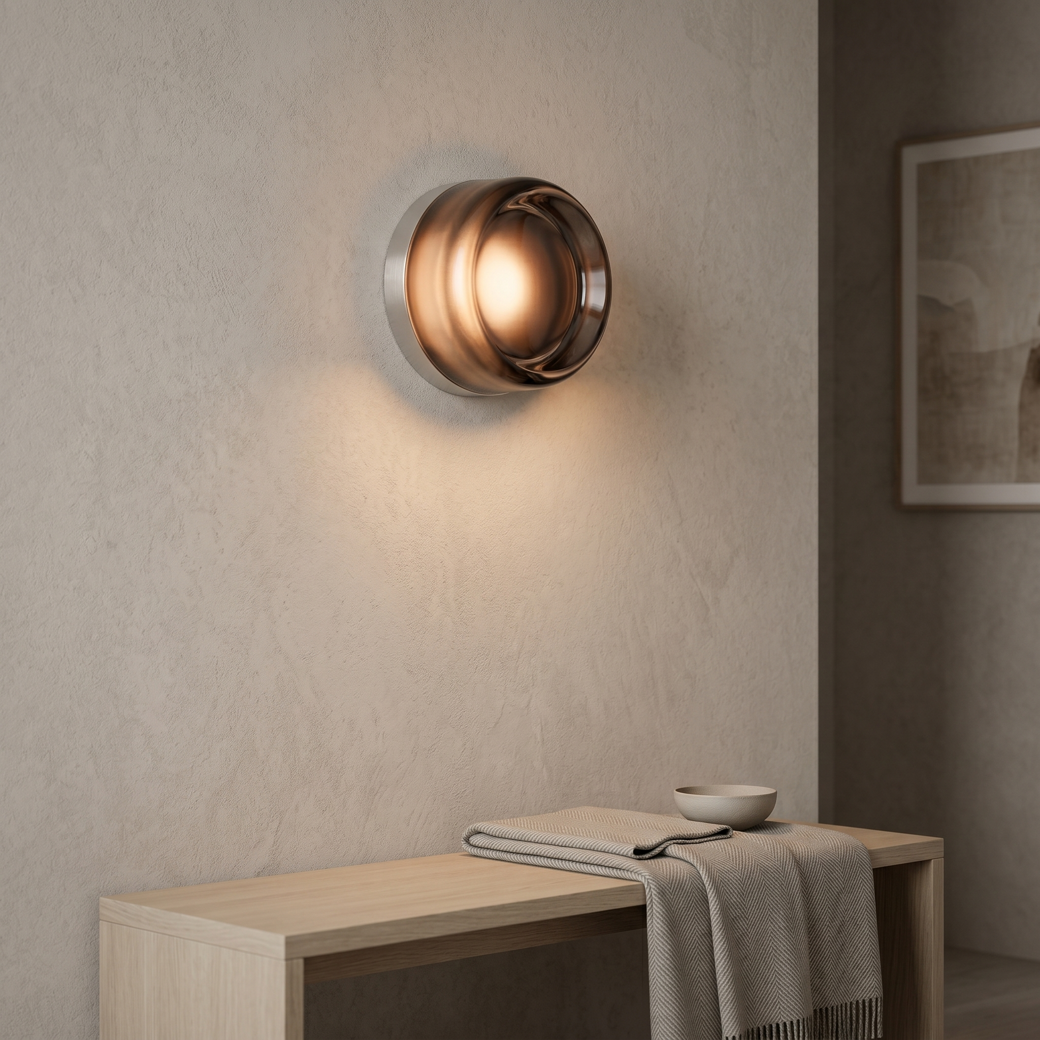 Grey frosted glass wall sconce glowing in a modern entryway