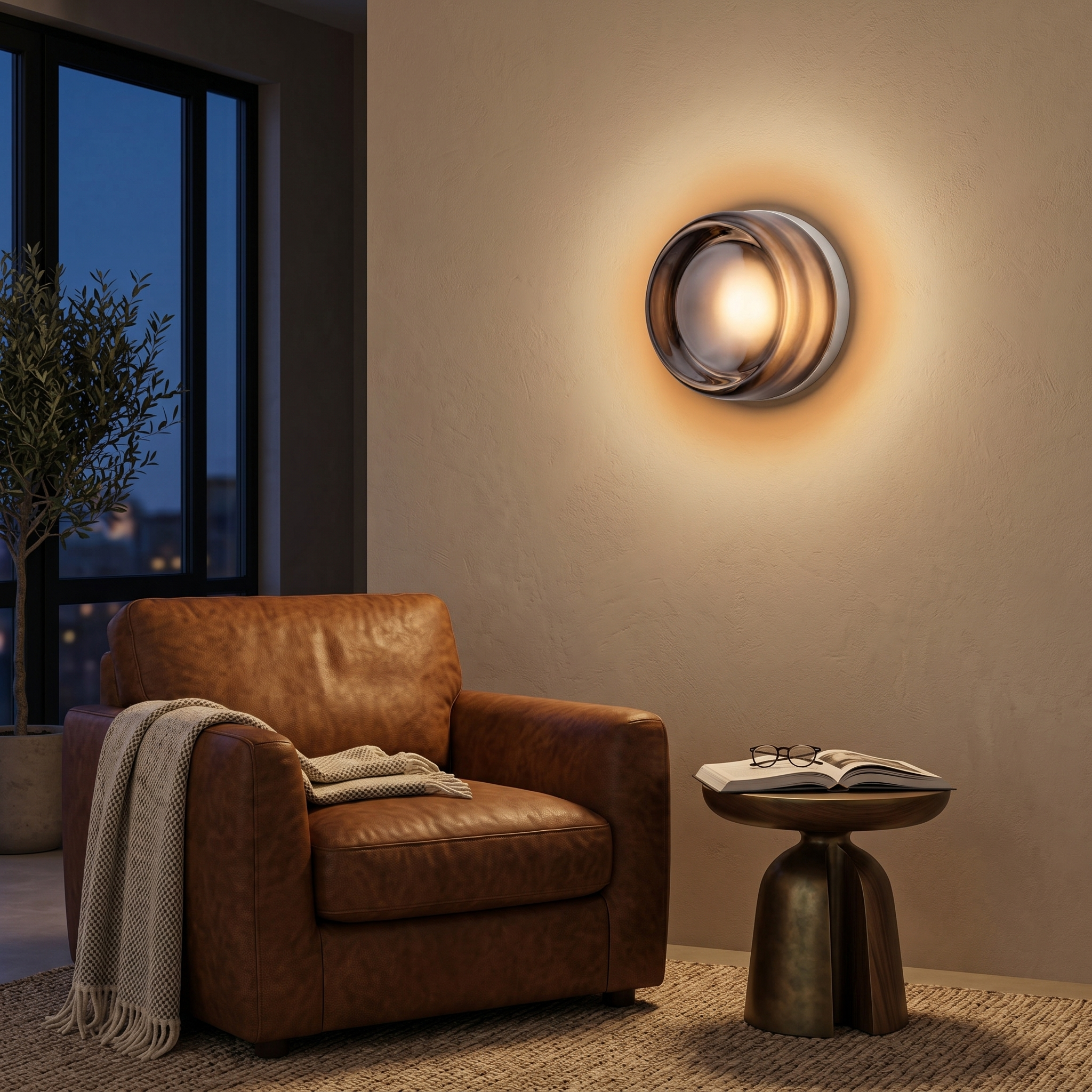 Grey frosted glass wall sconce glowing in a cozy reading nook