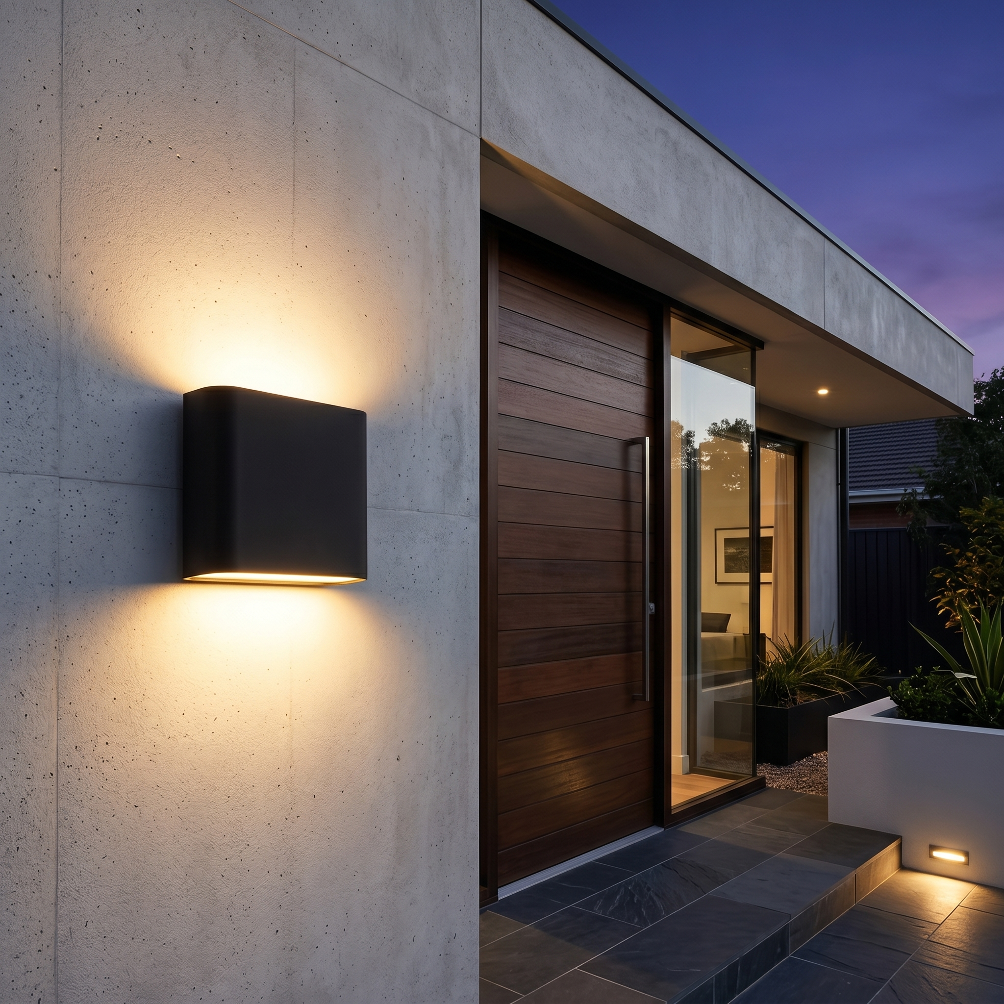 Black outdoor wall light glowing at a modern front entrance at dusk