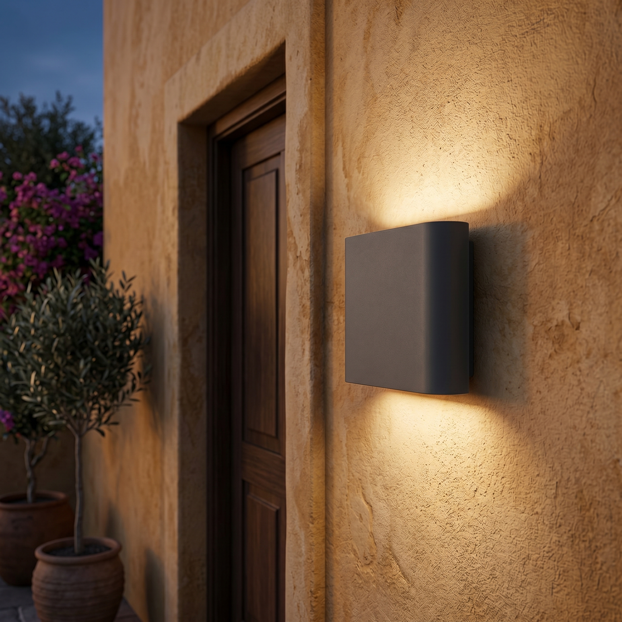 Charcoal grey outdoor wall light beside a Mediterranean facade entrance at dusk