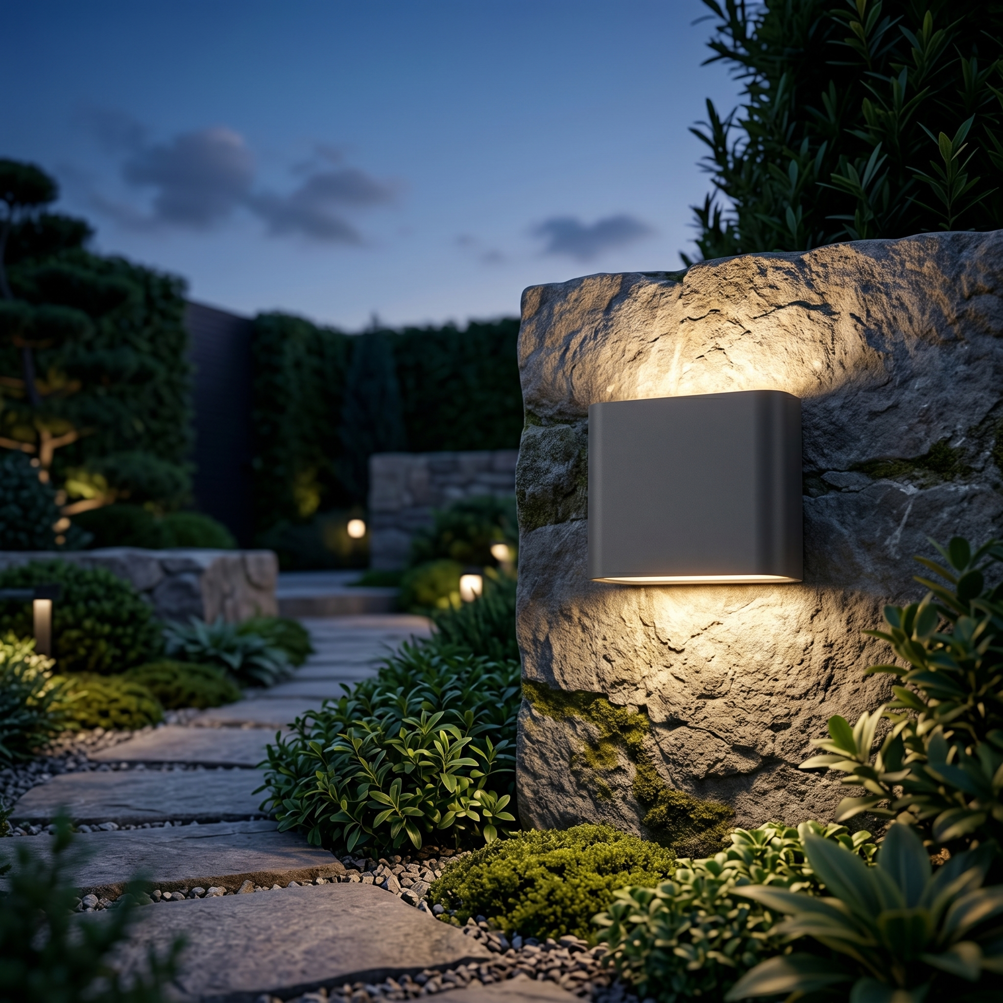 Charcoal grey outdoor wall light on a garden pathway wall at dusk
