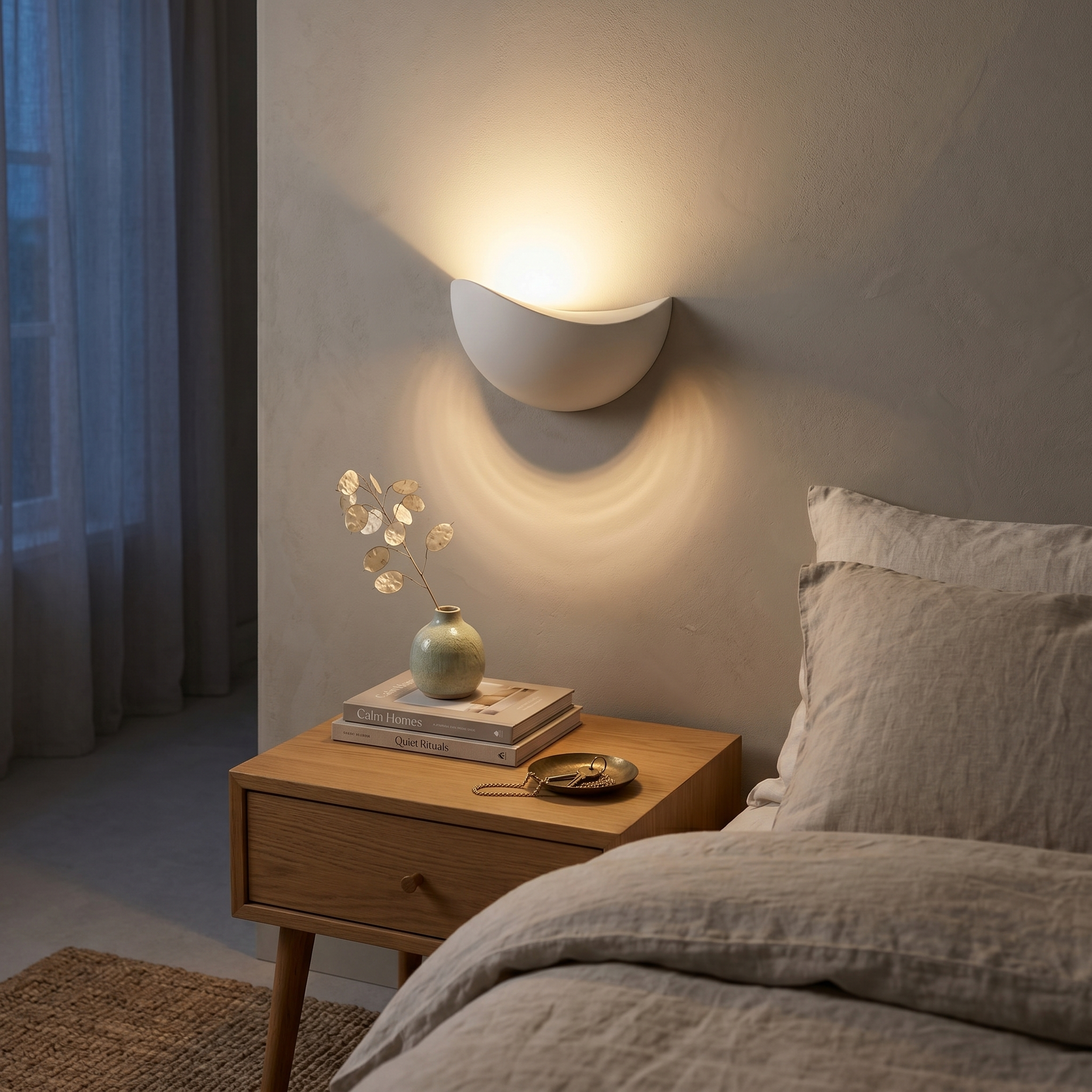 White half-moon wall sconce glowing warm above a bedside table