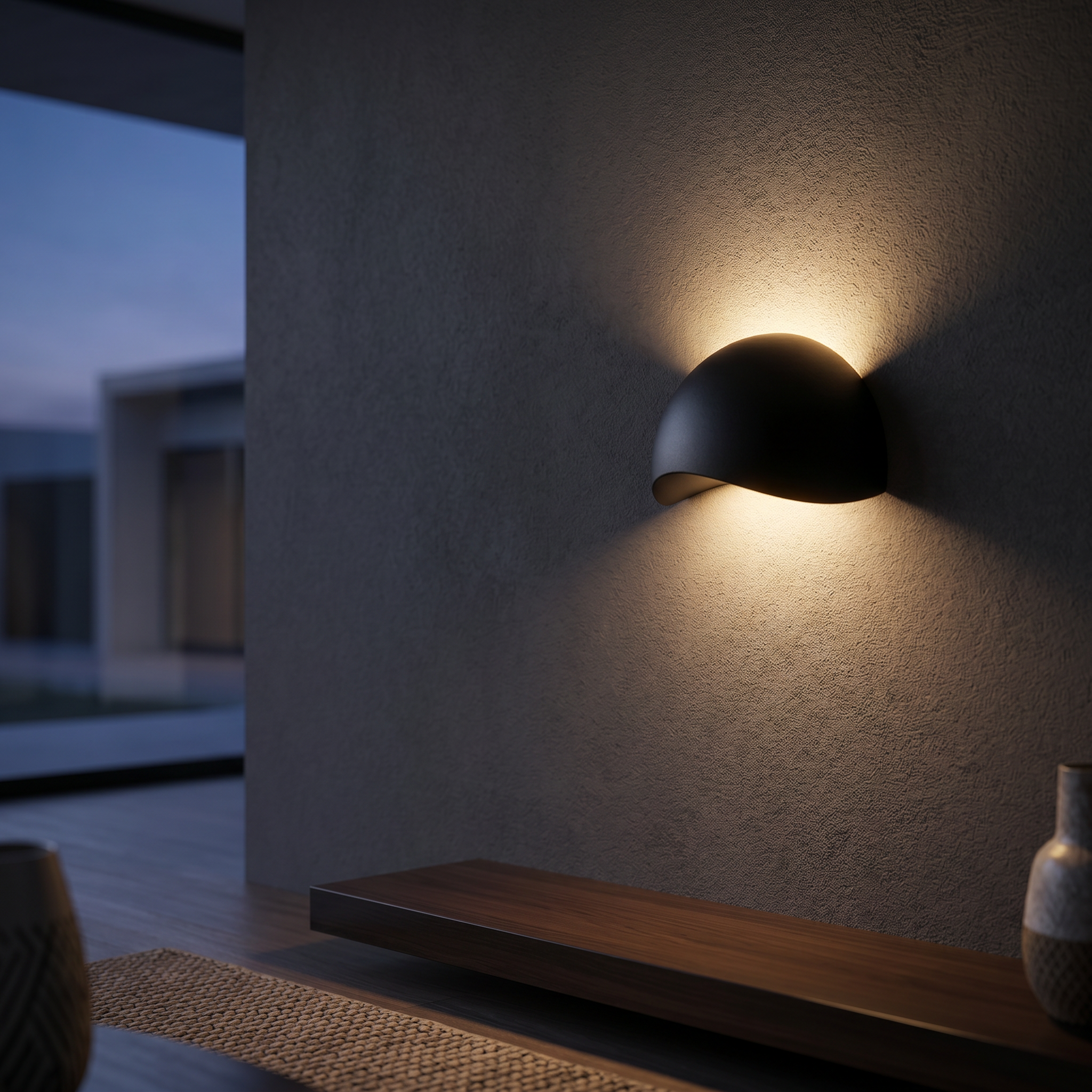 Mezzaluna half-moon wall sconce glowing warm on a modern feature wall