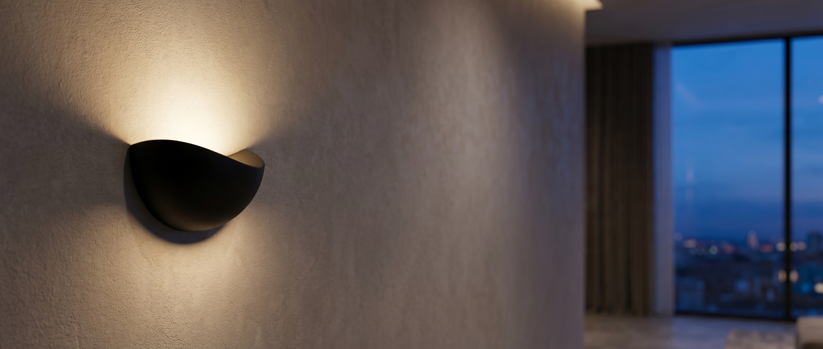 Mezzaluna half-moon wall sconce glowing warm on an elegant interior wall at dusk