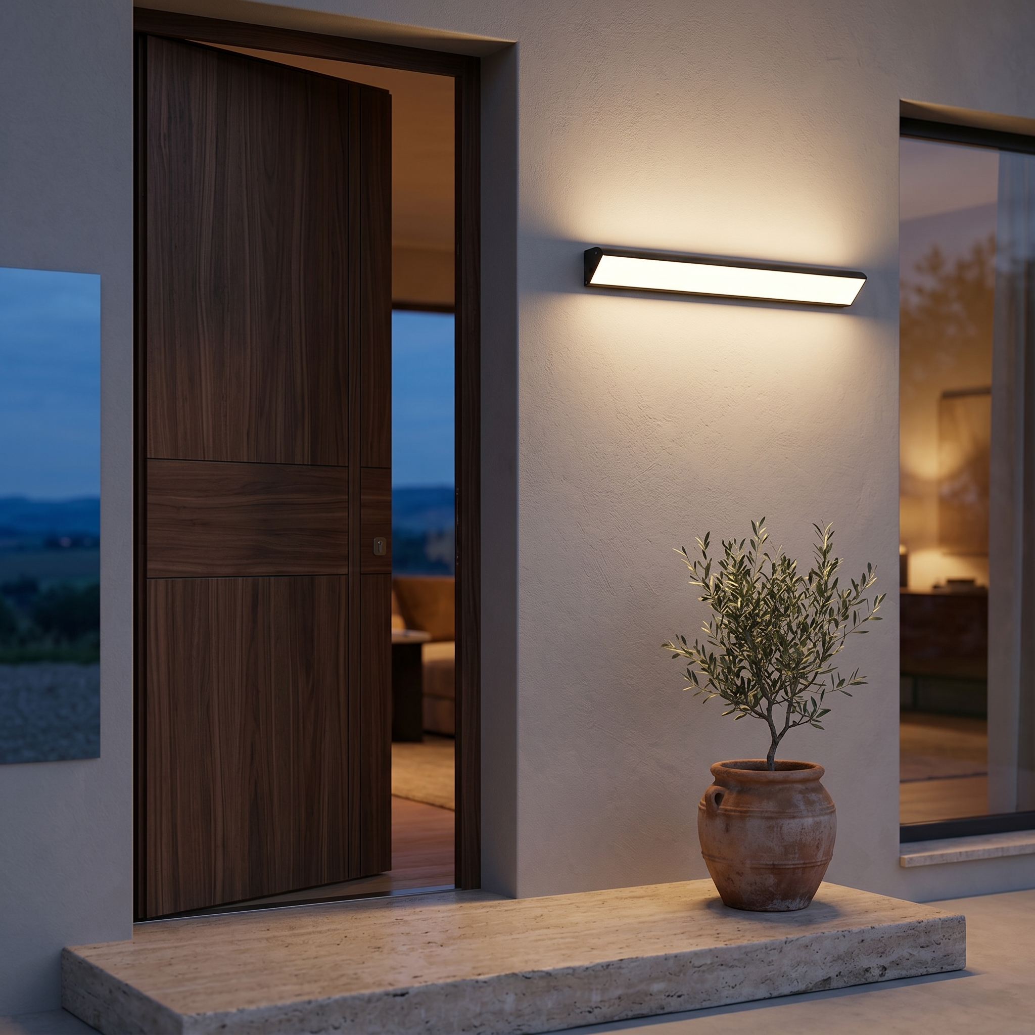 Sentinella black wall light beside a villa entryway with olive tree at dusk